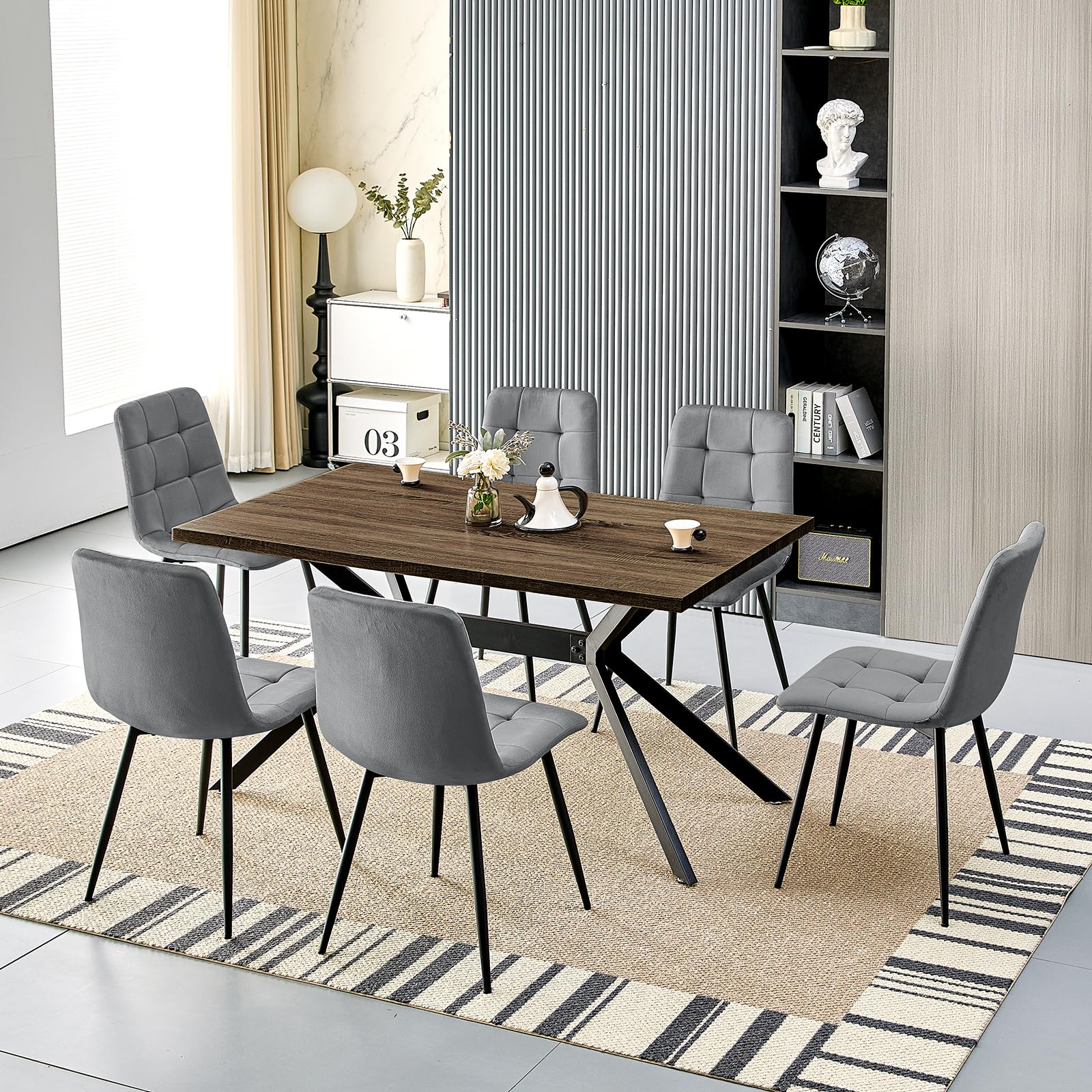 LEWE Set tavolo e sedie da pranzo,Tavolo da Cucina rettangolare in legno 140 x 80 x 76 cm，con 6 Sedie imbottite in Velluto per Cucine per Cucina, Soggiorno, Sala da Pranzo(Legno Scuro+Grigio scuro)