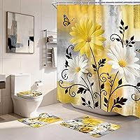 Vista 9 de Juego de 4 Piezas de Cortina de Ducha Amarilla y Gris, Juegos Completos de Baño con Cepillo Abstracto Moderno, Cubierta de Tapa de Inodoro, Tapete