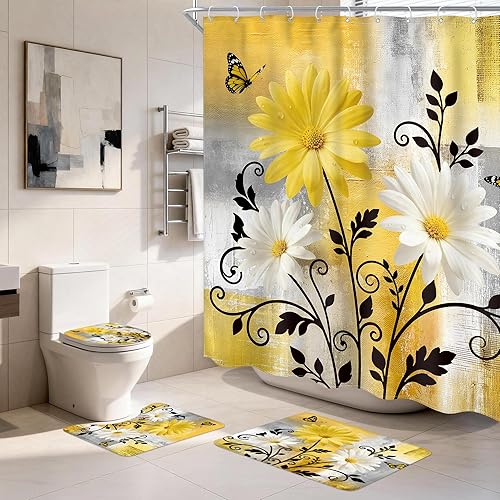 Miniatura 9 de Juego de 4 Piezas de Cortina de Ducha Amarilla y Gris, Juegos Completos de Baño con Cepillo Abstracto Moderno, Cubierta de Tapa de Inodoro, Tapete