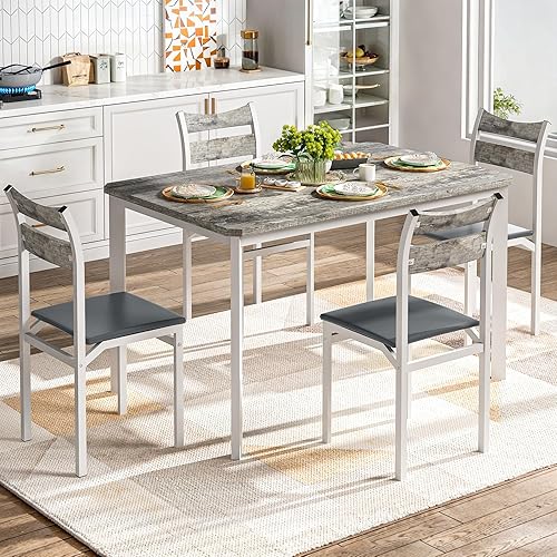 Miniatura 5 de Recaceik Juego de mesa de comedor para 4, mesa de cocina de madera con marco de metal y tablero de MDF, juego de mesa de cocina de 5 piezas para