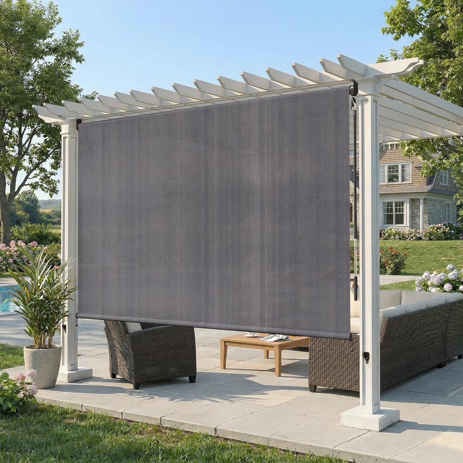 Outdoor Roller Shade 120" W X 96" H with Spliced Design, Patio Cordless Roller Blind, Exterior Roll Up Blind Shade for Gazebo, Yard, Deck and Porch, Grey