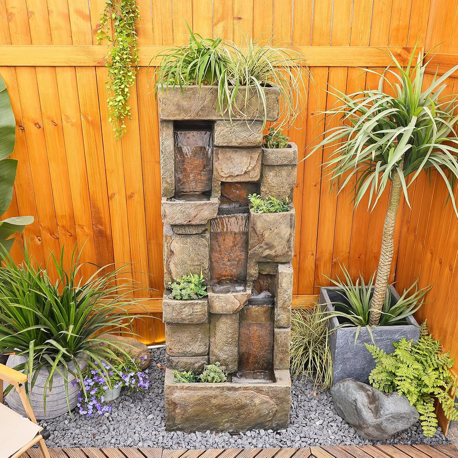 Bumilgar Garden Water Fountains Outdoor Floor Standing, 3 Tier Rock Waterfall Fountain with LED Lights and Pump for Garden, Patio, Backyard, Deck, Porch and Home Art Deco, 56.3" Very Tall