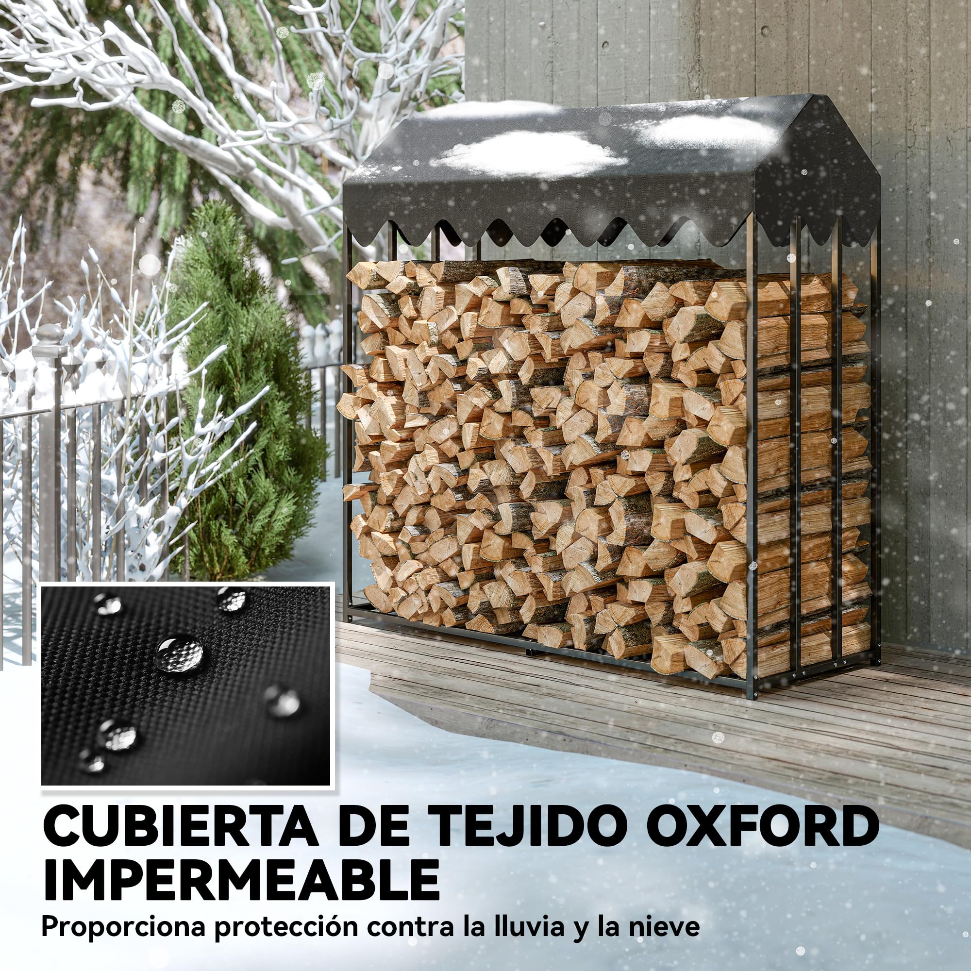 Outsunny Estante de Leña Metálico, 186x70x185 cm, Leñero Exterior con Cubierta Impermeable 600D Oxford, Marco de Acero, Soporte para Leña de Chimenea, para Jardín, Terraza
