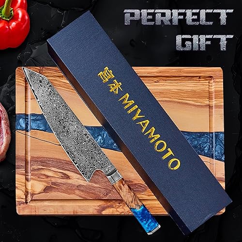 Miniatura 6 de Miyamoto Cuchillo de chef de Damasco de 8 pulgadas, acero de 67 capas, hoja ultra afilada de alto carbono con mango de resina para cortar y tallar