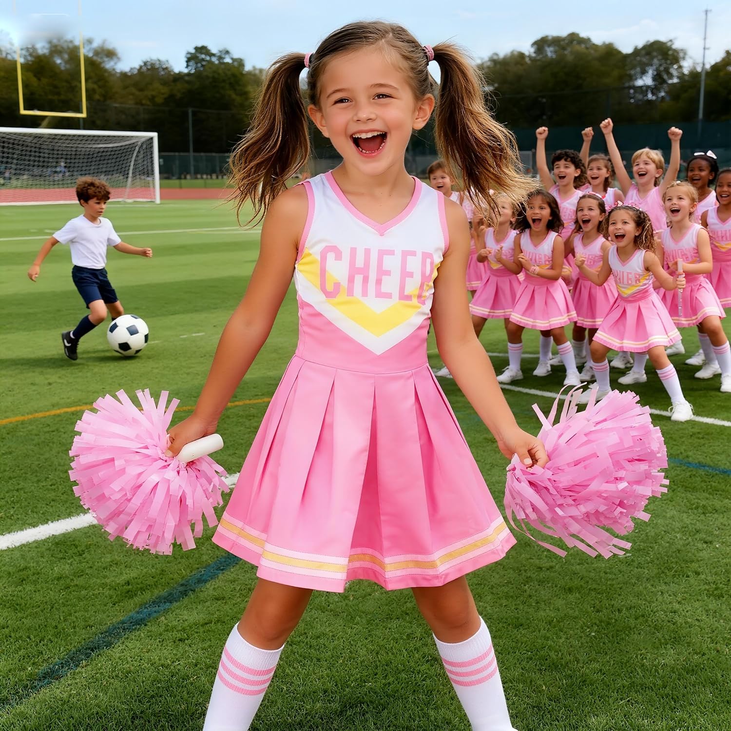 Cheerleader Costume for Girls Cheerleader Outfit for Kids Cheerleading Dress with Pom Poms for Halloween Dress Up - Image 4