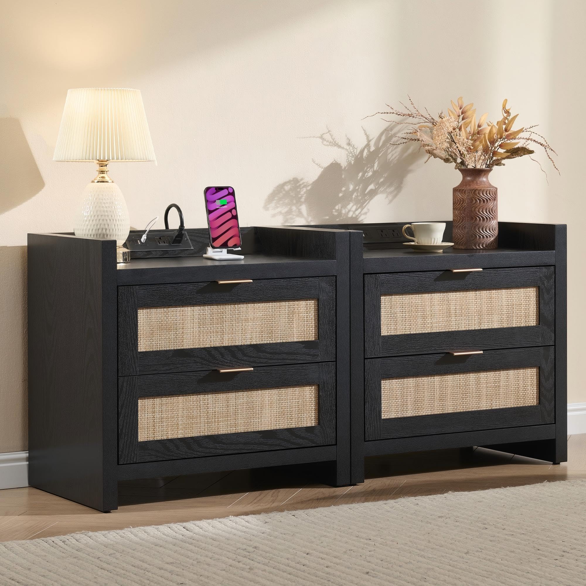 black nightstands set of 2 with charging station and drawers