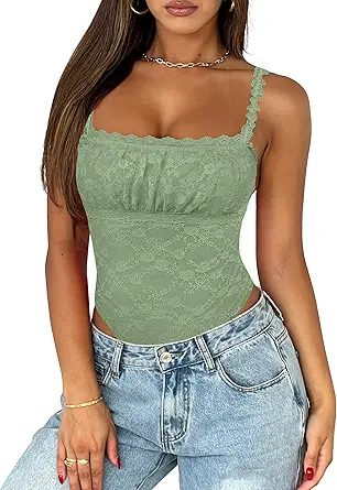 Saslax Women's Sexy Square Neck Lace Sleeveless Bodysuit Tank Tops Double Lined Body Suit Thong Outfits