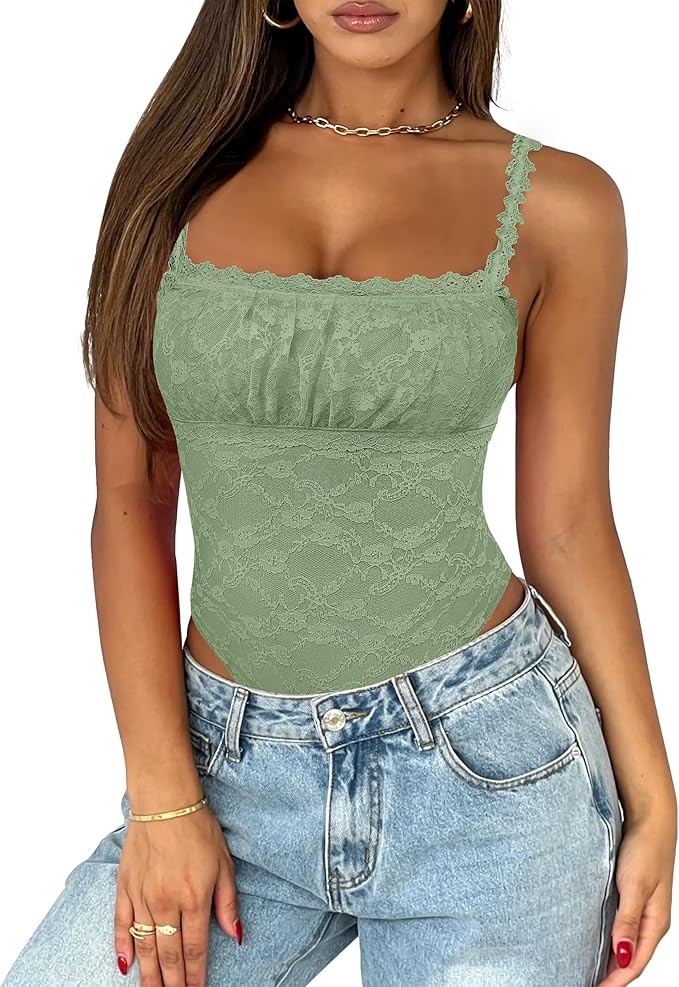Saslax Women's Sexy Square Neck Lace Sleeveless Bodysuit Tank Tops Double Lined Body Suit Thong Outfits