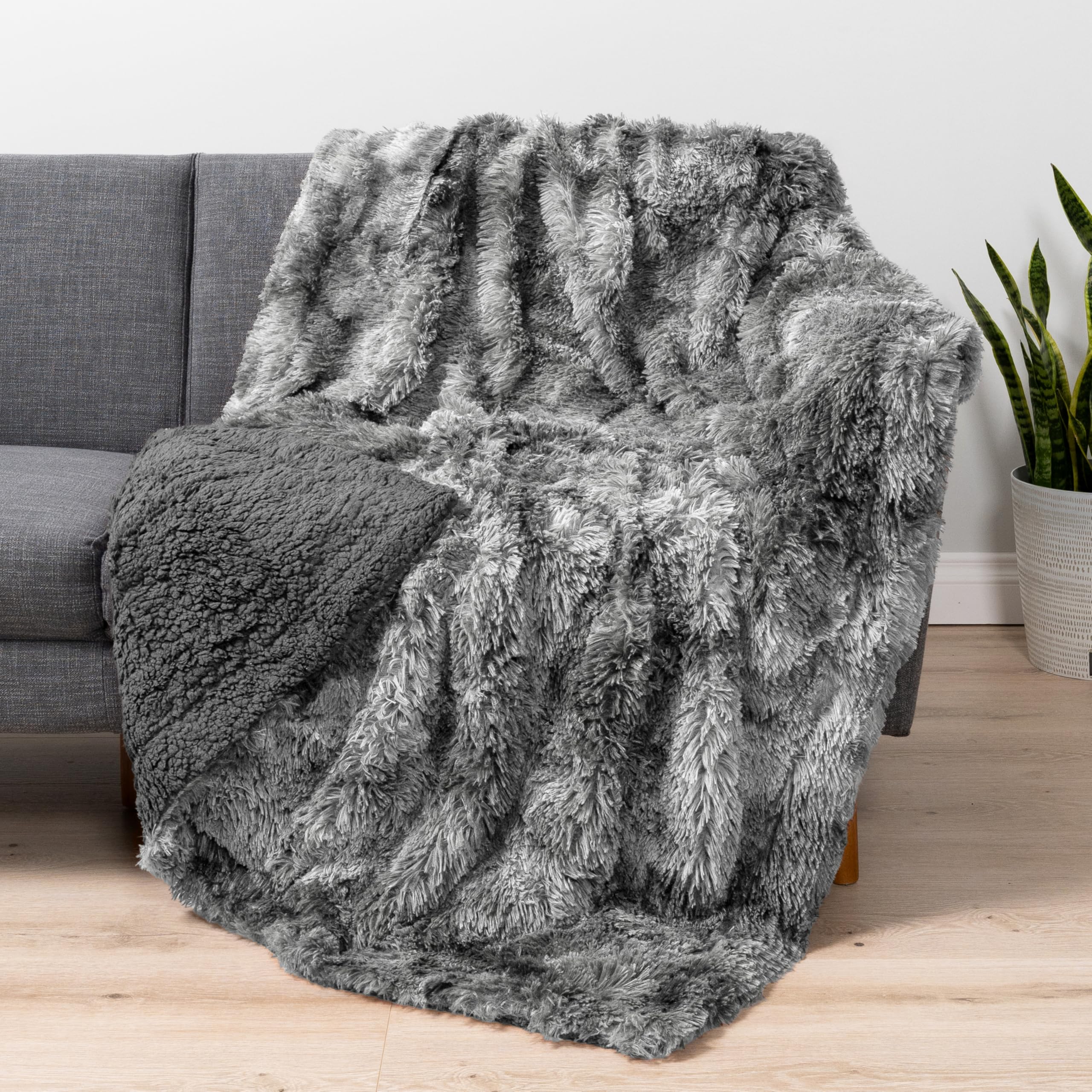 PAVILIA Gray Fluffy Throw Blanket, Twin Bed, Fuzzy Blanket for Women Men, Furry Plush Warm Blanket Bed Sofa, Super Soft Thick Faux Fur Sherpa, Tie-Dye, 60x80