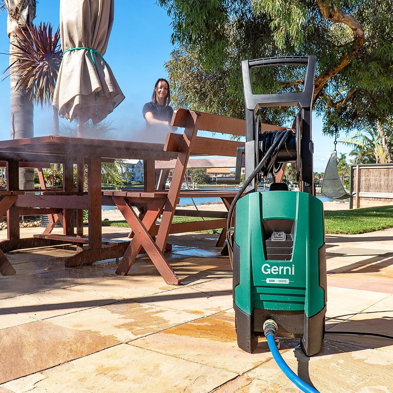 Gerni pressure washer in use on a paved patio