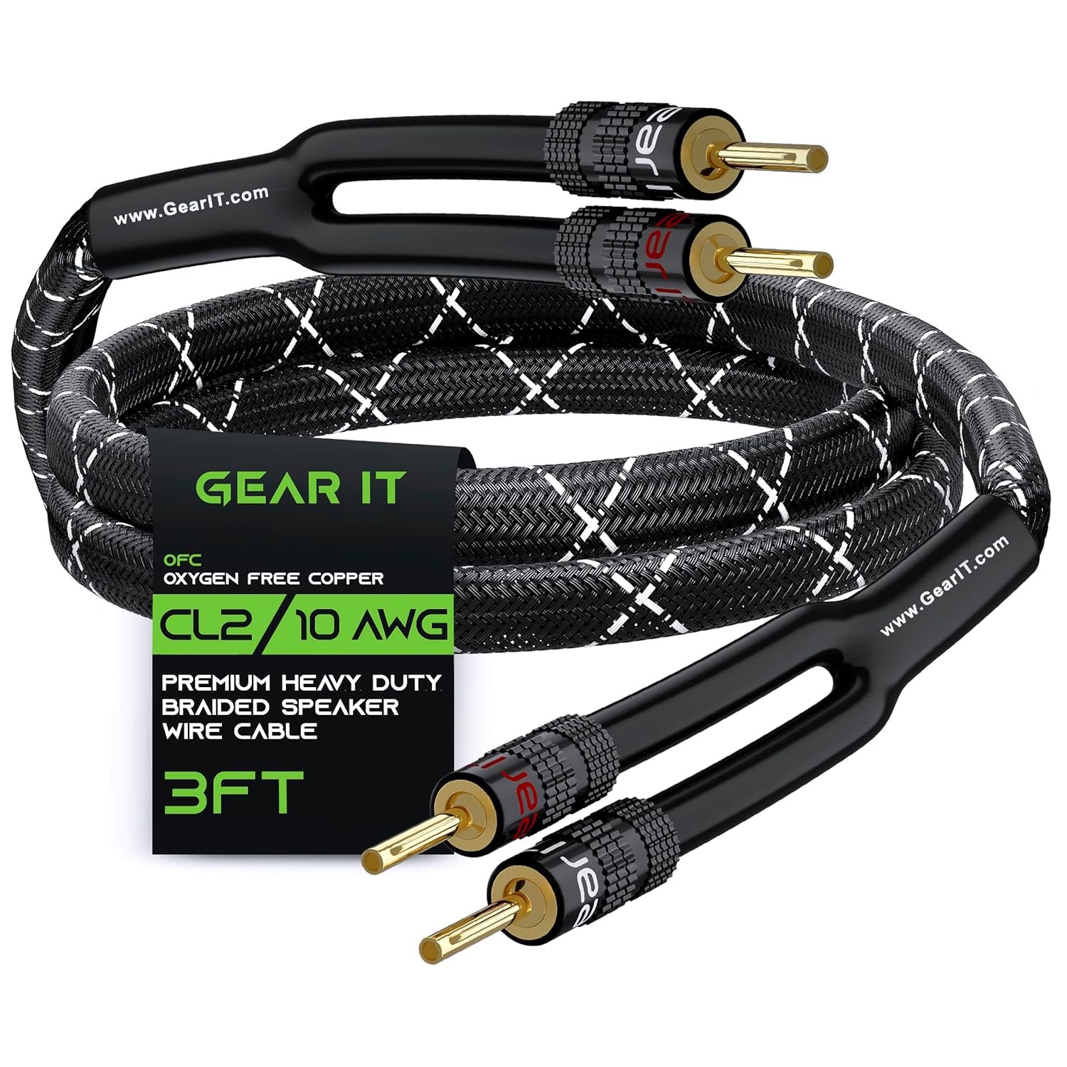 GearIT 10AWG Speaker Cable Wire with Gold-Plated Banana Tip Plugs (10 Feet) in-Wall CL2 Rated, Heavy Duty Braided, 99.9% Oxygen-Free Copper (OFC) - Black : Electronics