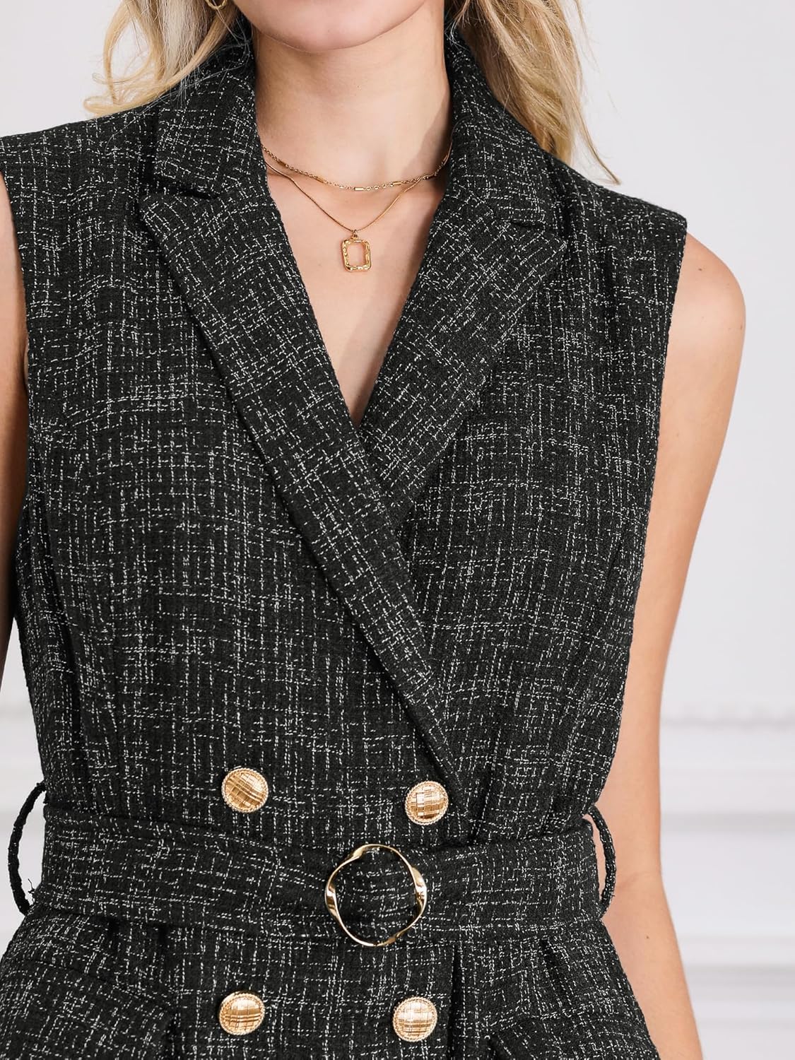 Women's Sleeveless Tweed Dress Collared Belted Button Down Work Blazer Dresses - Image 4