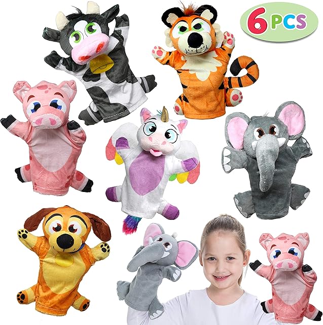 JOYIN Animal Friends Deluxe Hand Puppets 6 Pack for Imaginative Play, Stocking, Birthday Party Favor Supplies, Girls, Boys, Kids and Toddler