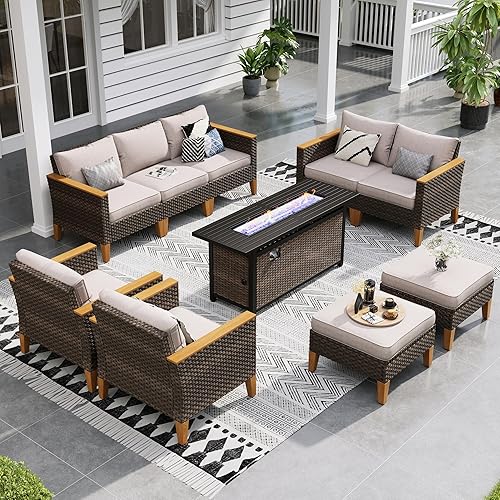 Sophia & William Patio Furniture Set with 56-Inch Fire Pit Table, 4 Corner Sofa, 3 Single Chairs, 2 x Ottoman, Outdoor Wicker Sectional Sofa Patio Conversation Set for Pool,Deck,Lawn (Beige)