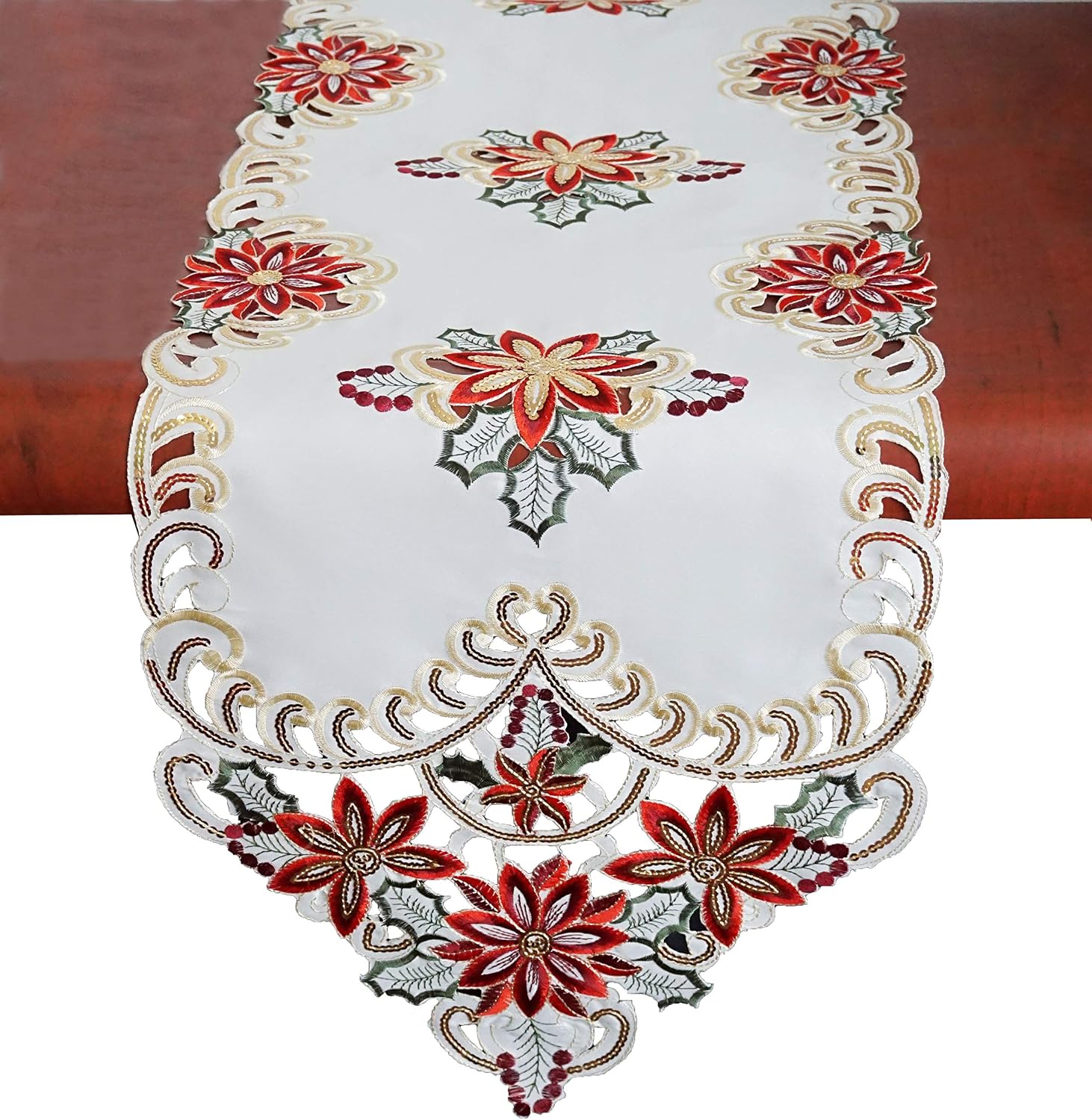 Holiday Christmas Table Runners for Home Kitchen Dining Room Xmas Table Decorations, Cutouts Embroidered Christmas Flower with Gold Sequins Dresser Scarf,Cream,14 by 69 inches