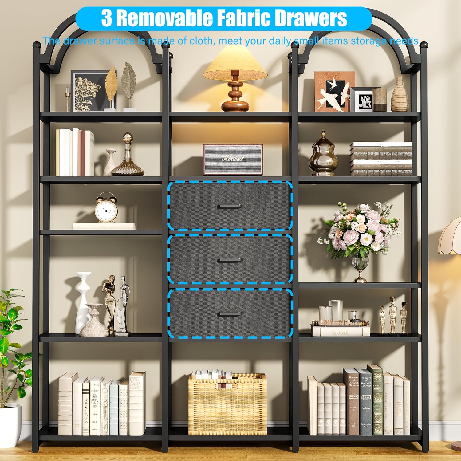 Nosepen 83.5" Tall Arched Bookshelf with 3 Drawers and 13 Storage Shelves, Industrial Open Book Shelf with Display Shelves, Large Etagere Bookshelf, Triple Wide Book Case for Home & Office, Black