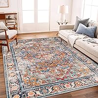 CHAMPLANT 6x9 Washable Vintage Boho Area Rug - Non-Slip Low Pile, Pet Kid Friendly, Stain-Resistant for High Traffic Living Room Bedroom