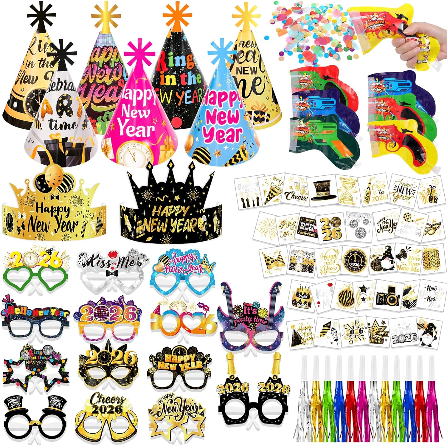 HOWAF New Years Eve Party Supplies 2026 Decorations - Colorful Happy New Year Hats News Years Eve Hats 2026 Glasses Party Blowouts Tattoos for NYE Party Favors News Year Eve Accessories Kit , 77pcs