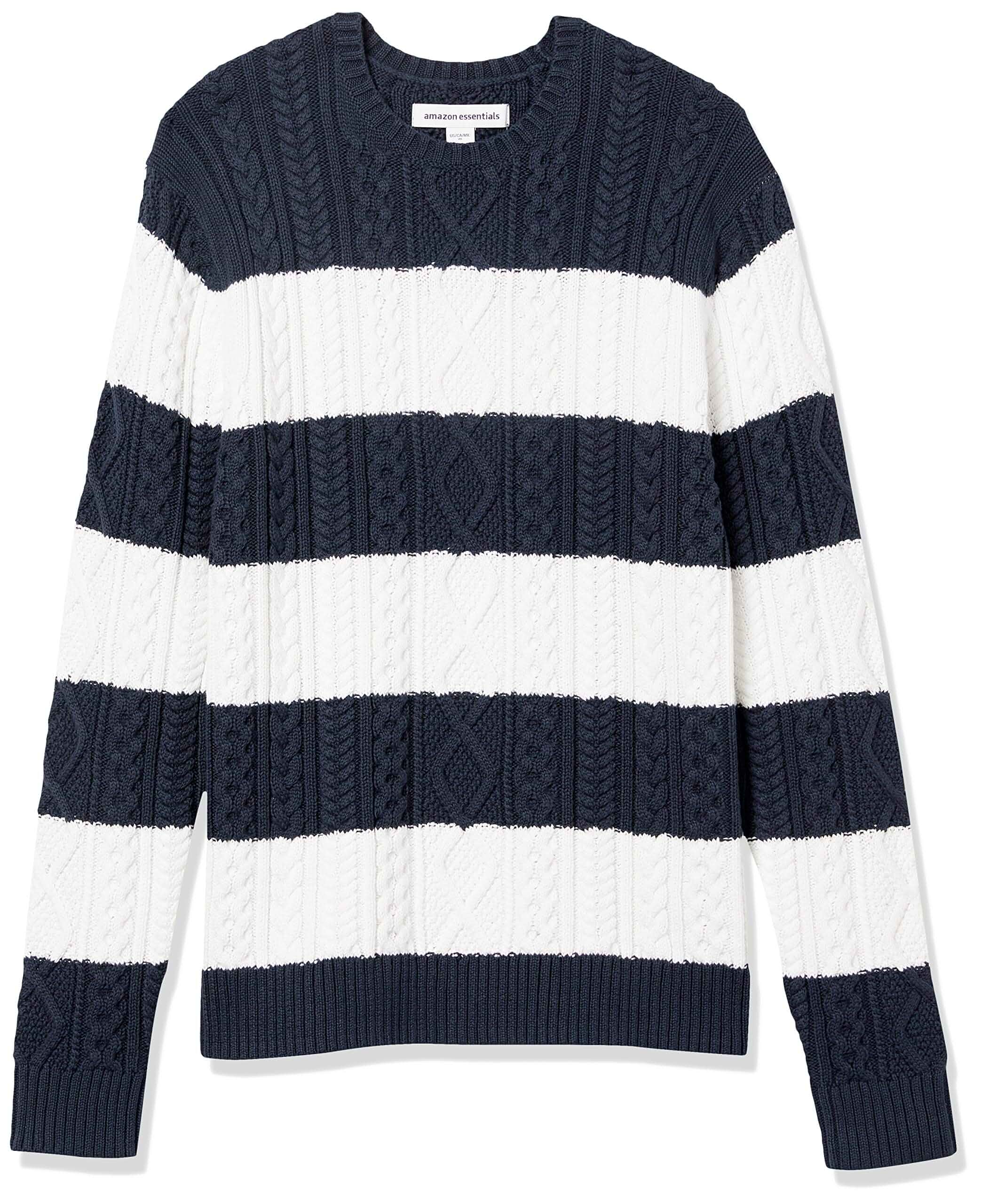 Amazon Essentials Men's Long-Sleeve 100% Cotton Knitted Fisherman Cable Crewneck Sweater Long Sleeve
