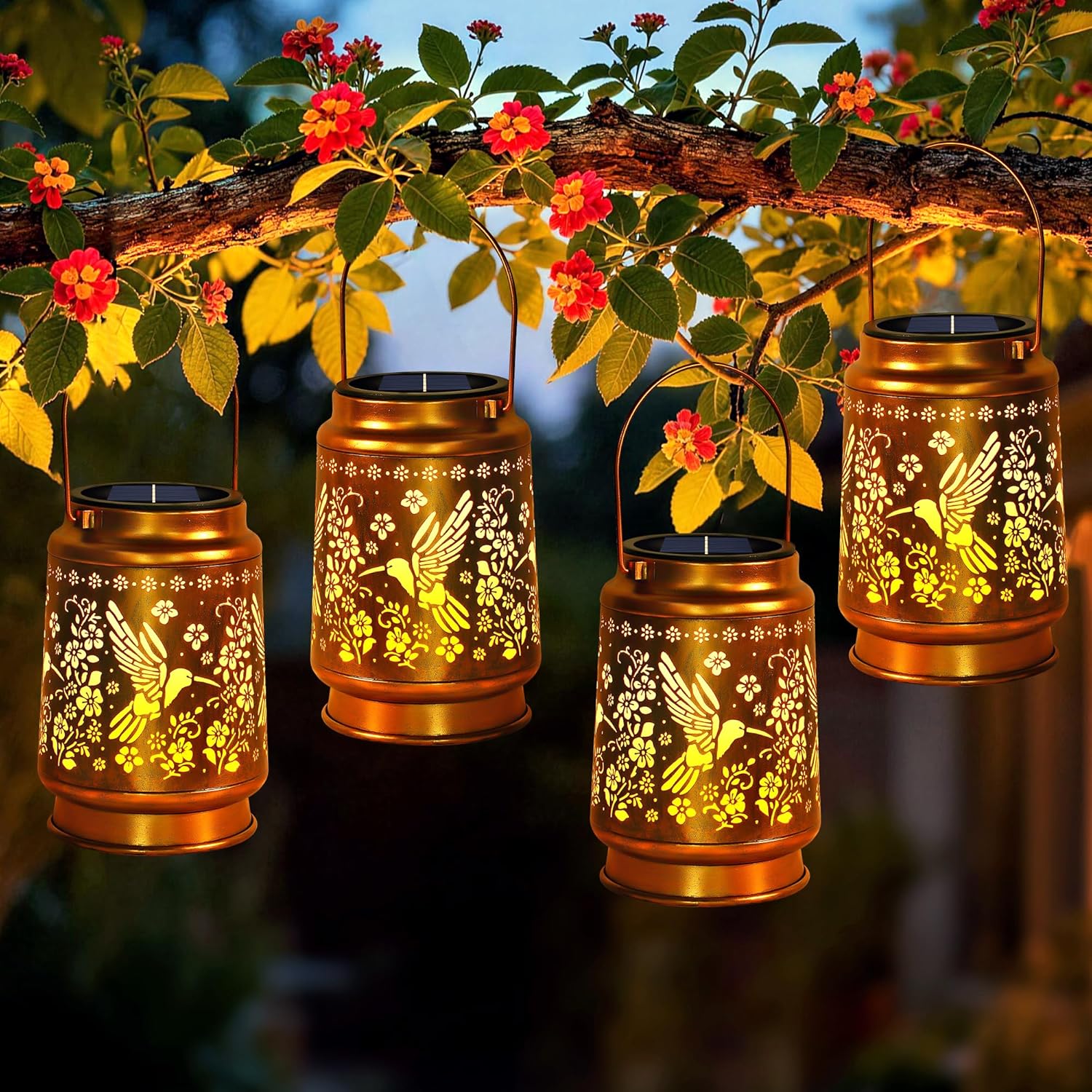 Solar Lanterns Outdoor Waterproof Hummingbird Hanging Solar Lantern Metal Patio Yard Garden Decoration Gifts for Mom Grandma 4 Packs