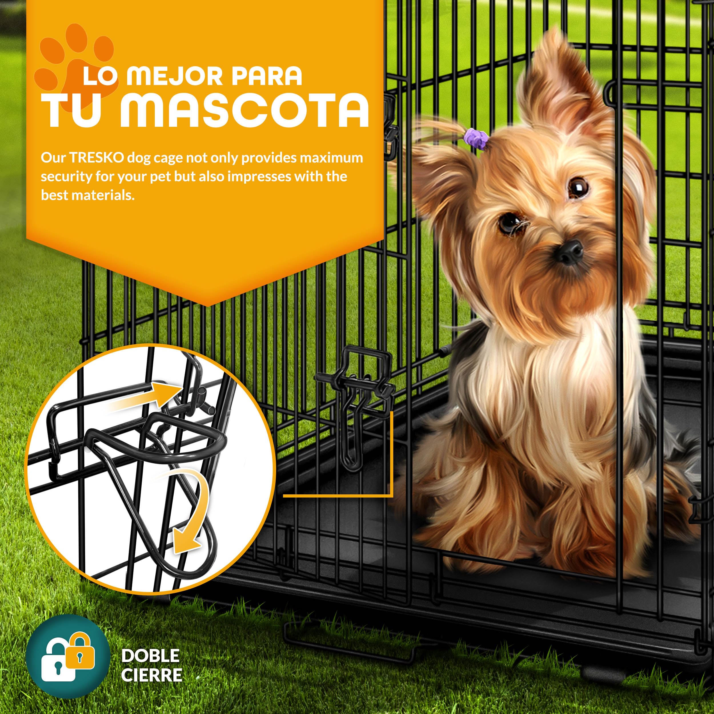 TRESKO Jaula de Transporte Metálica para Perros con 2 Puertas Plegable con Bandeja Extraíble 91 x 58 x 64 cm