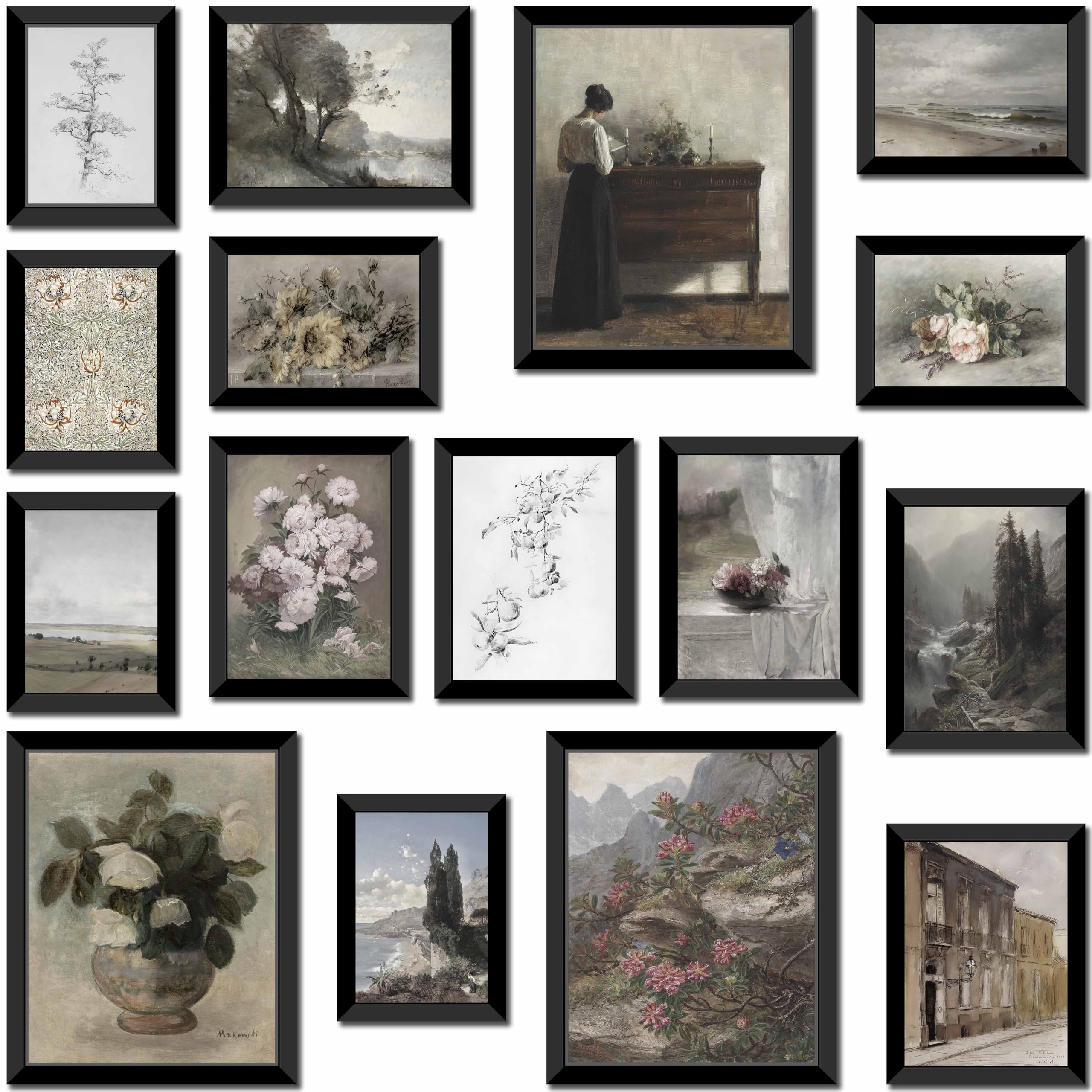 LANCHI95 16 PCS FRAMED Vintage Wall Art Decor, Rustic Posters for Room Aesthetic, Farmhouse Wall Prints for Bedroom, Wall Collage Kit Pictures for