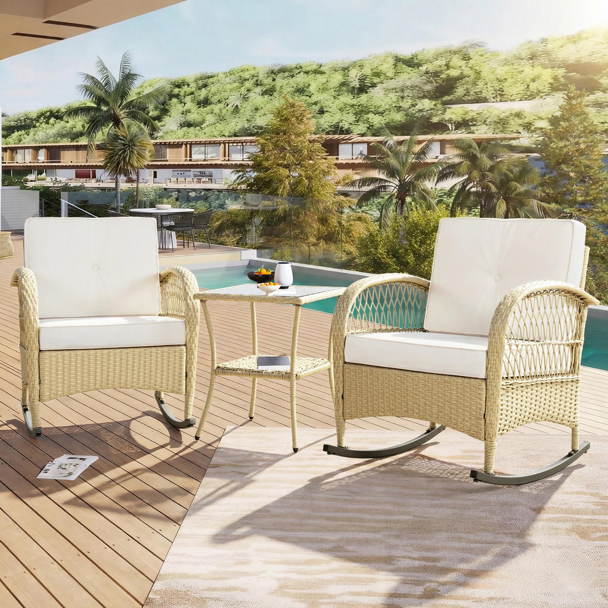 Conjunto de Jardin Exterior de Ratán para 2 Personas, 3 Piezas | Para Terraza Patio, Set Muebles Jardin con Sillones y Mesa de Centro, Mecedora con Cojines, Juego de Muebles de Jardín,Beige