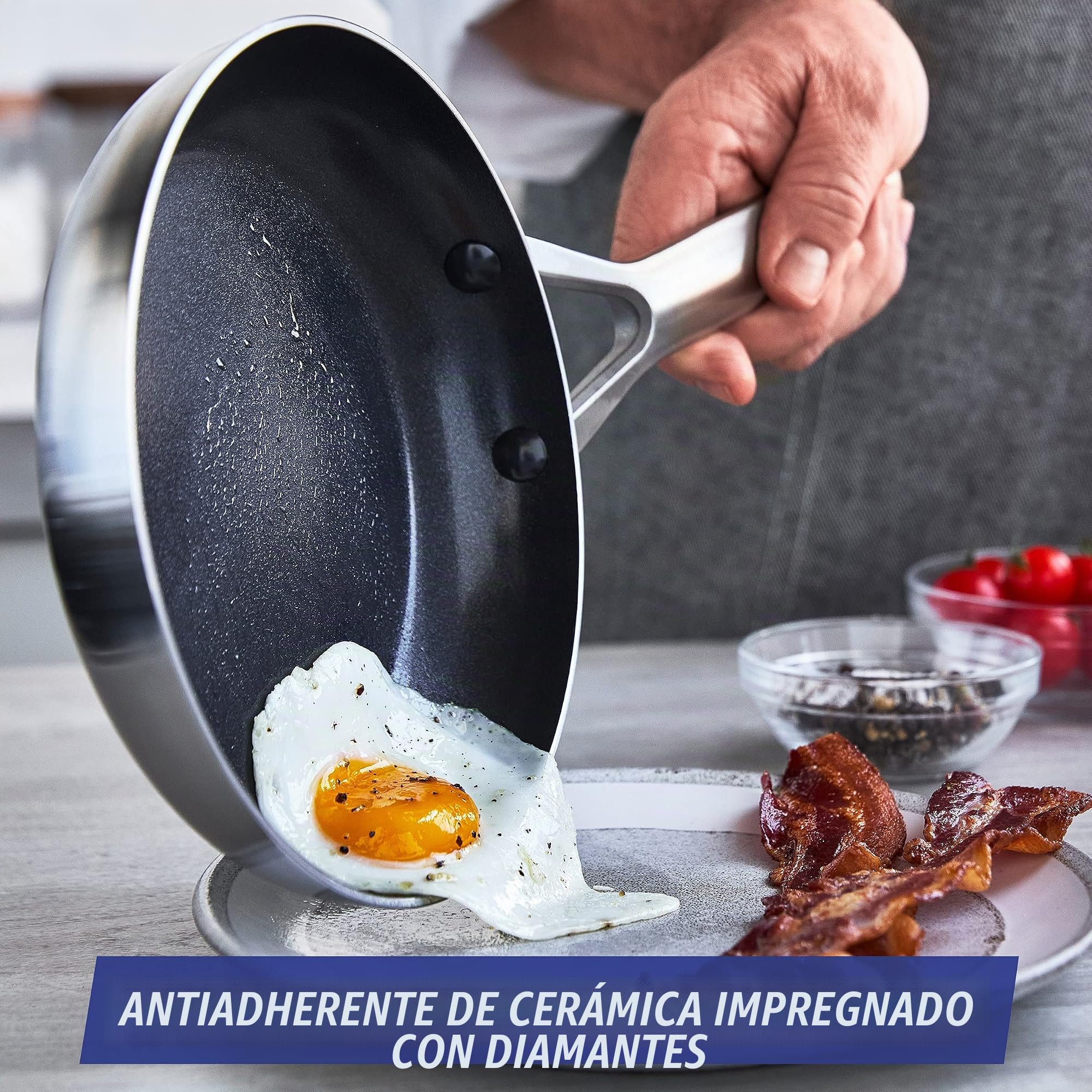 Blue Diamond Triple Steel Sartén de Cerámica Antiadherente de Acero Inoxidable, 24 cm, Sin PFAS, Multicapa, Apta para Inducción, Honor y Lavavajillas, Plata