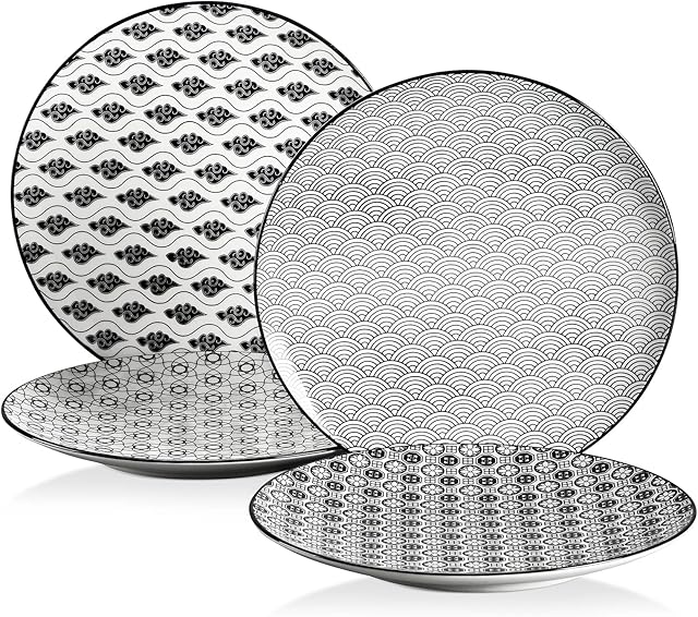 vancasso Haruka Porcelain Dessert Plates, 4 Piece Hand-Patterned Ceramic Plates, 8.5 Inches Round Pasta Dishes Main Course Plates for Steak, Pasta, Salad