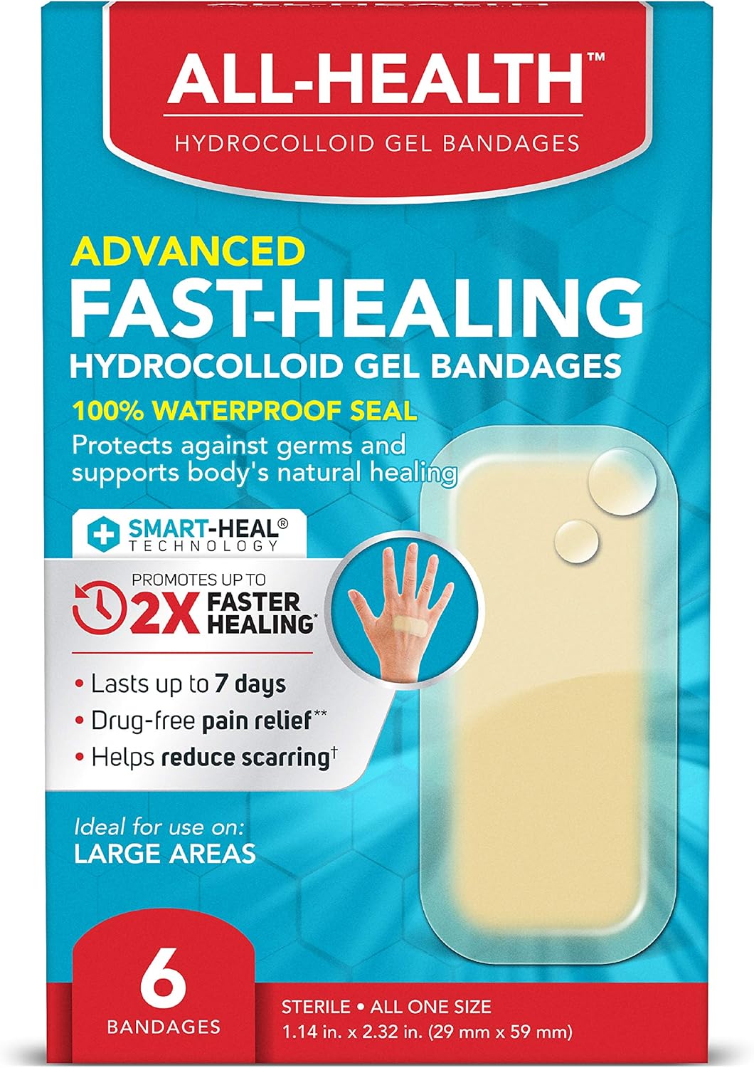 All Health Advanced Fast Healing Hydrocolloid Gel Bandages, Large, 6 ct