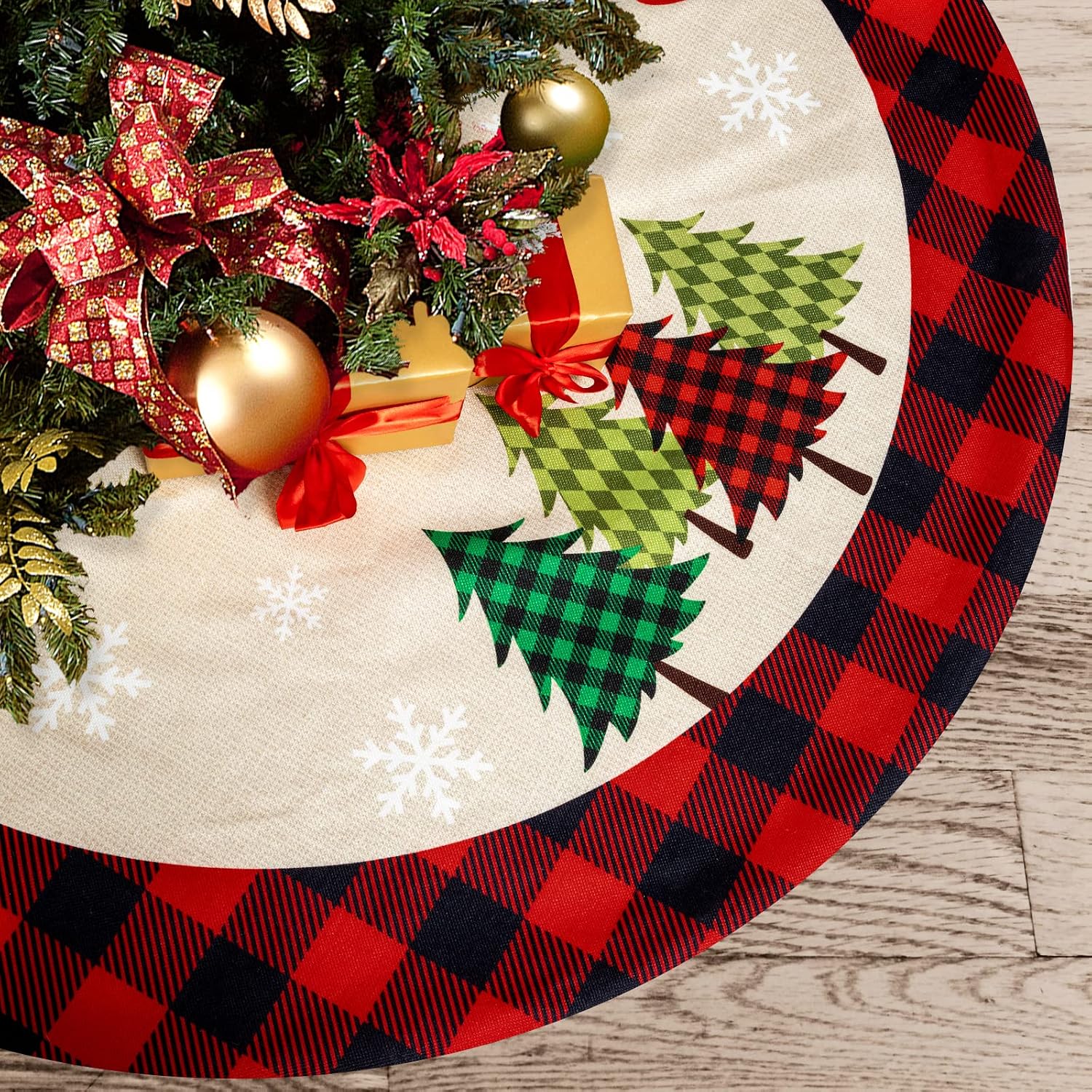 hogardeck 48 Inches Christmas Tree Skirt, Burlap Rustic Tree Skirt with White Snowflake, Christmas Tree, Merry Christmas Sign, Red and Black Buffalo Plaid Christmas Tree Mat Christmas Decorations