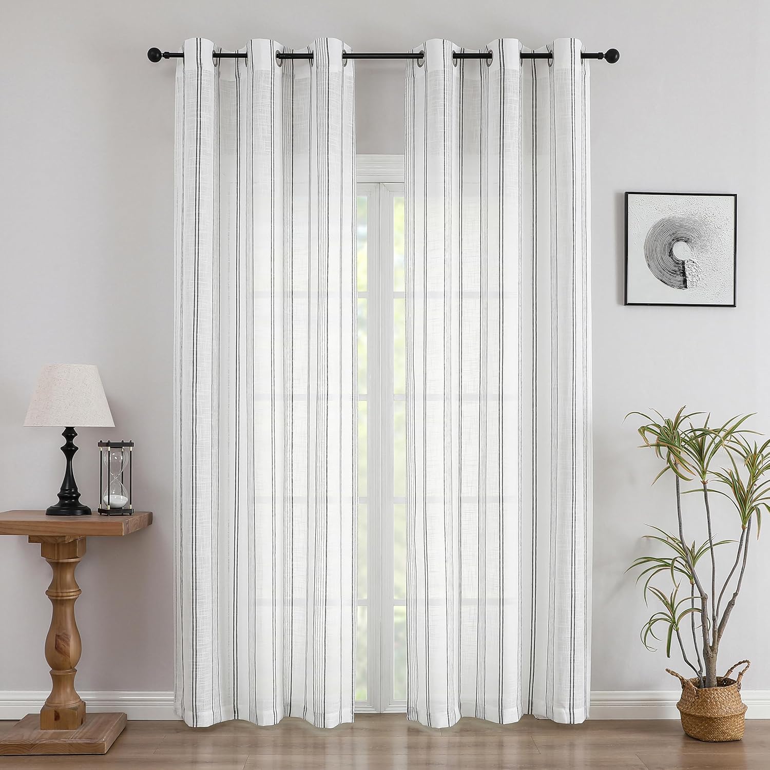 SXZJTEX Black and White Striped Linen Textured Curtains for Living Room Bedroom, 90 Inch Length Farmhouse Semi Sheer Grommet Top Window Panels 42" W x 2 Panels