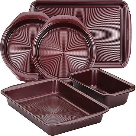 Circulon Nonstick Bakeware Set with Nonstick Bread Pan, Baking Pan, Cookie Sheet / Baking Sheet and Cake Pans - 5 Piece, Merlot Red