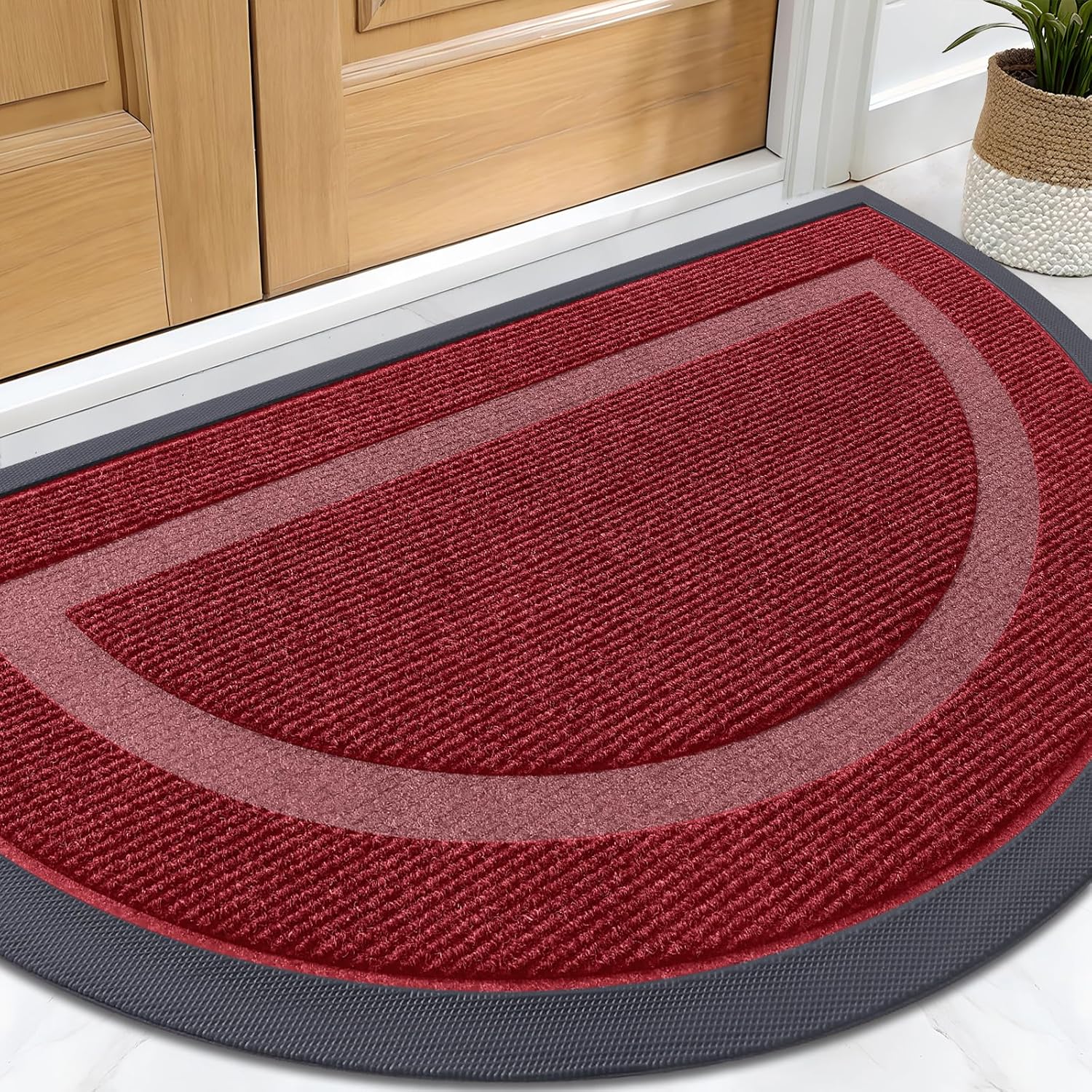 OLANLY Half Circle Door Mat Indoor Outdoor Entrance Welcome, Waterproof All-Season, All-Weather Doormat, Sturdy Natural Rubber, Low Profile, Easy Clean Patio Porch Entryway Mat, 29.5x17, Wine Red