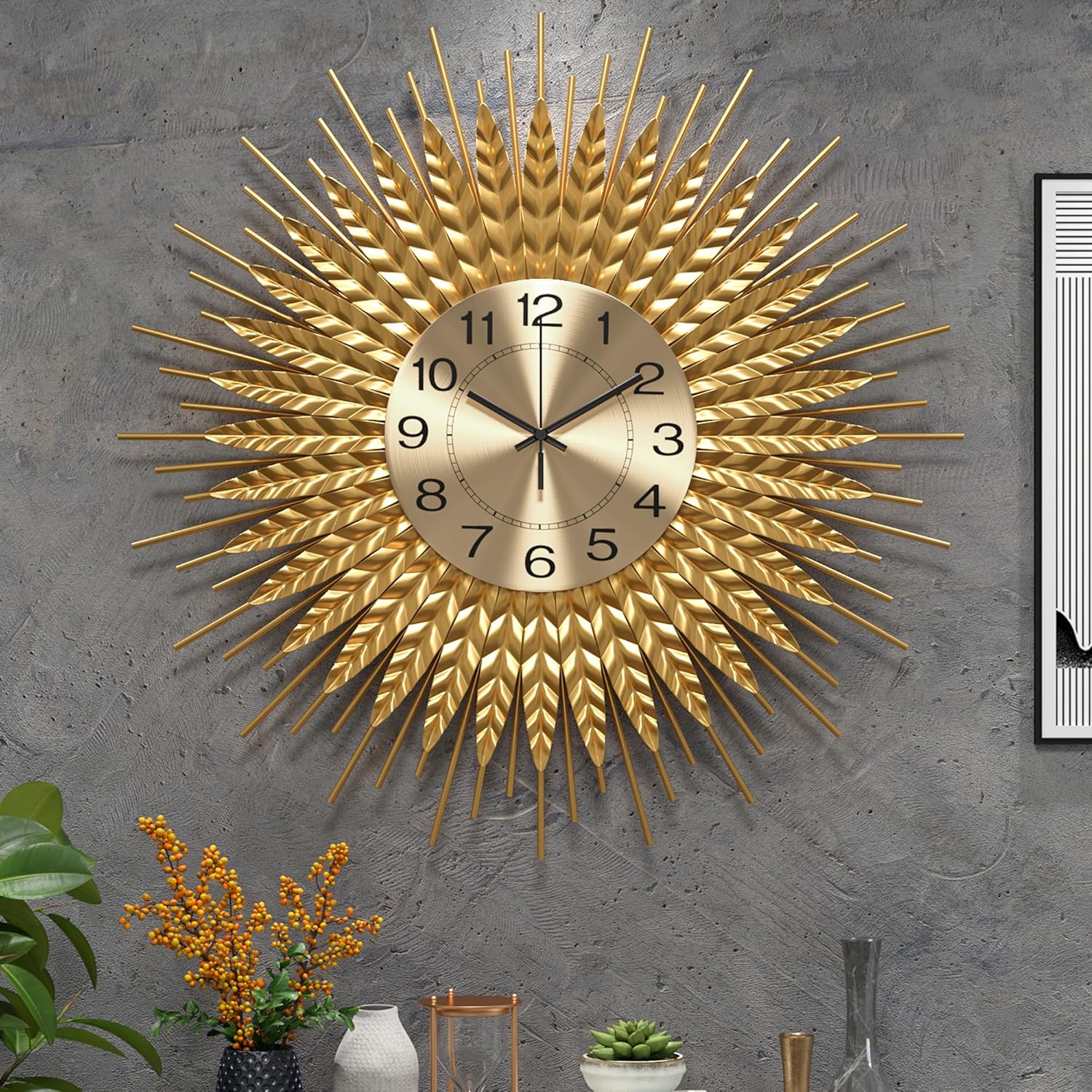 Modern Large Wall Clock Decorative Metal Mid Century Wall Clocks, Gold Big Silent Non-Ticking Clock, Modern Handmade Home Art Decor for Living Room, Bedroom, Dining Room, 24 Inch