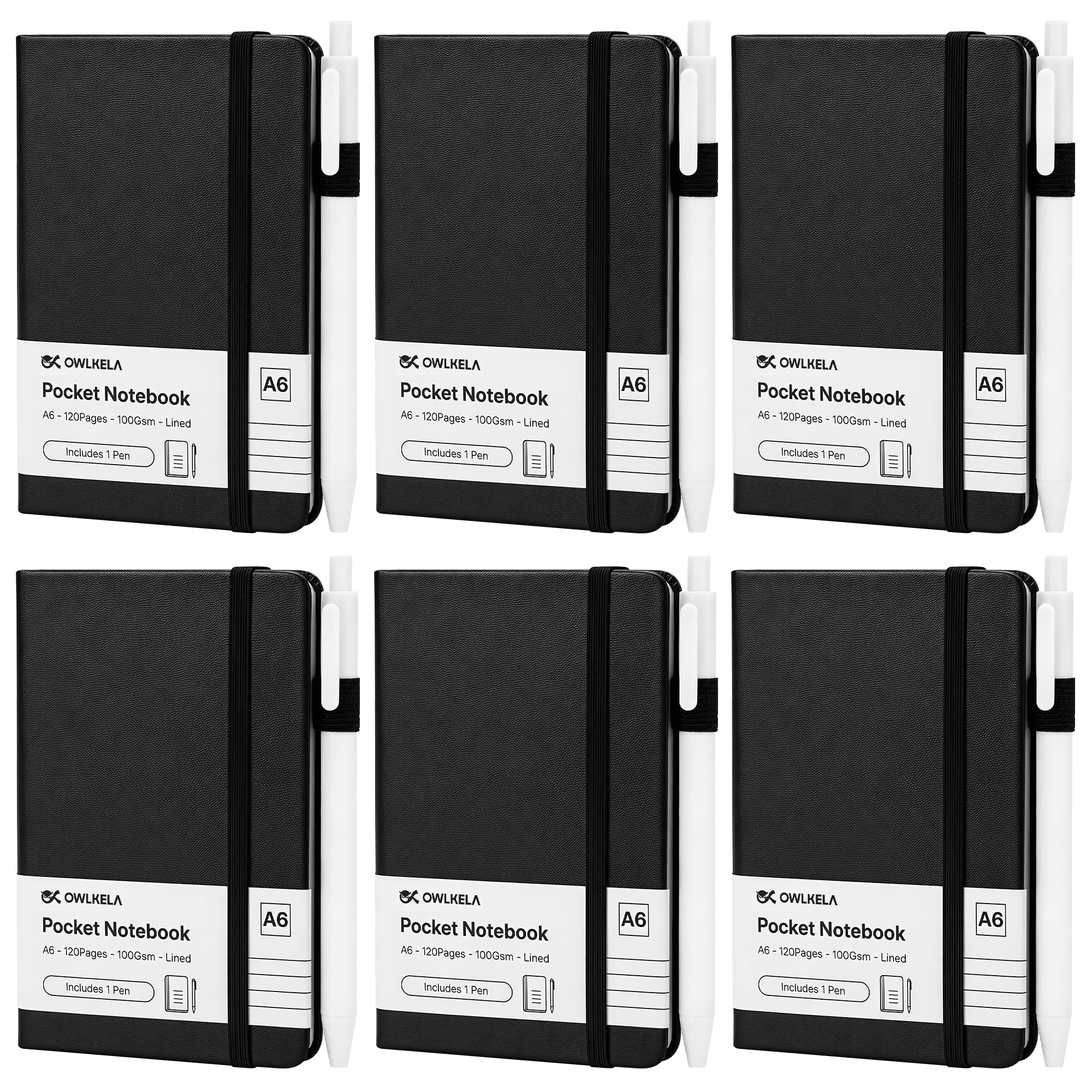OWLEKLA 6 Pcs Pocket Notebook, 3.82 x 5.67 In, Black