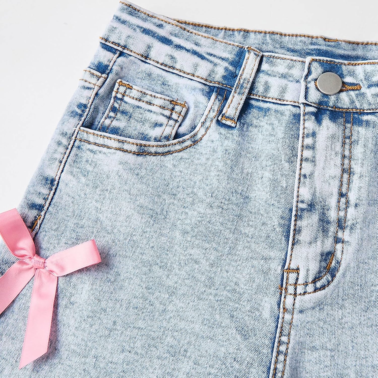 Girl's Bow Jeans Y2k Wide Leg Bow Applique Bell Bottom Acid Wash Elastic High Waist Baggy Denim Pants with Pockets