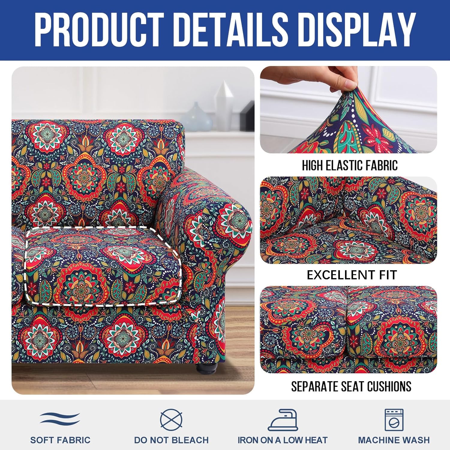hyha Couch Cover, Floral Pattern, Stretch, Printed, 4 Pieces, Sofa Slipcovers, for 3 Separate Cushion Couch, Washable Furniture Protector for Dogs(Sofa, Mandala Floral)