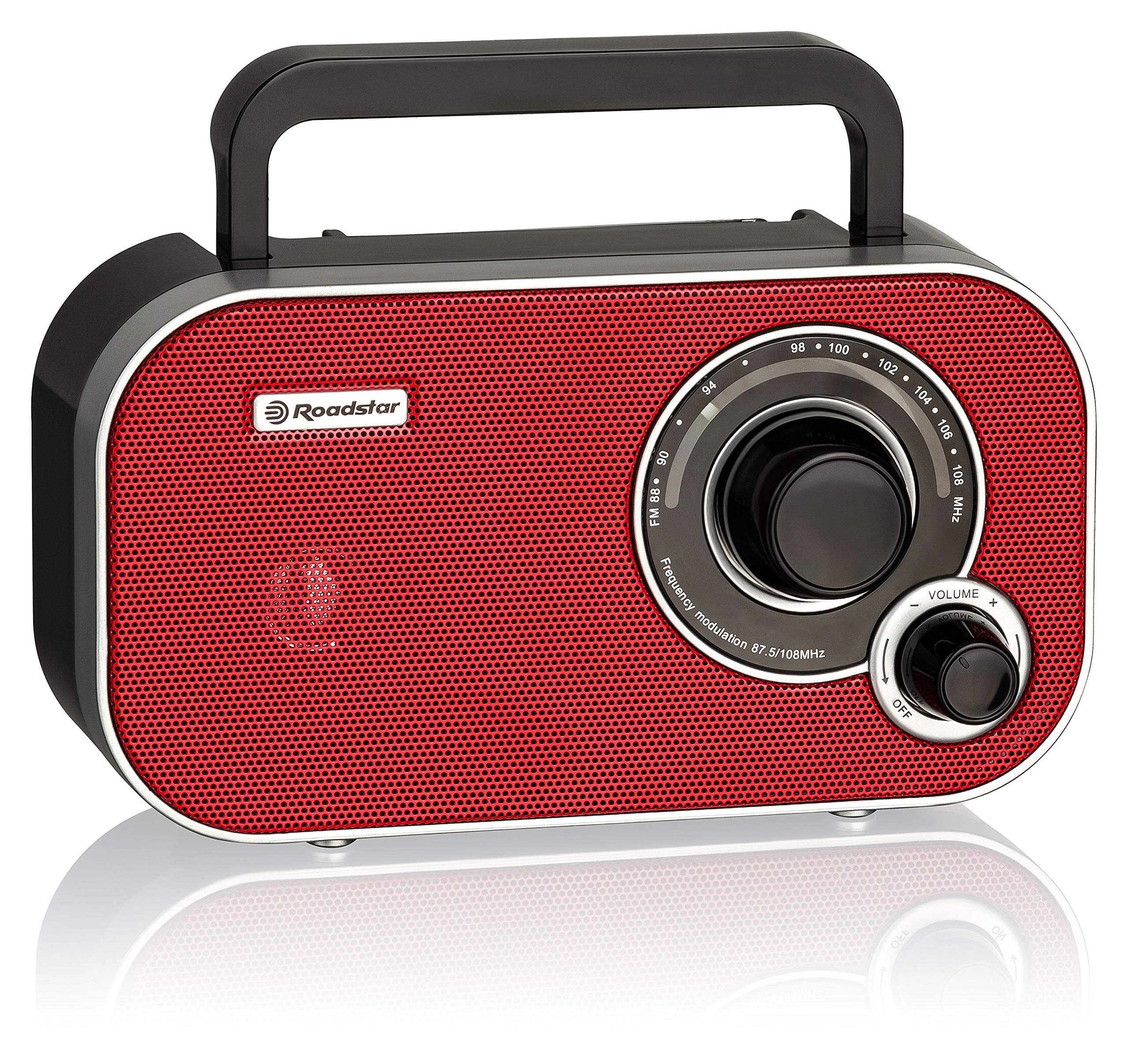 Roadstar TRA-2235RD Radio Portátil FM Analógica, Funciona a Red/Pilas, Toma de Auriculares, Transistor Pequeño y Ligero para Casa, Cocina, Altavoz 6.4W, Excelente Recepción, Rojo