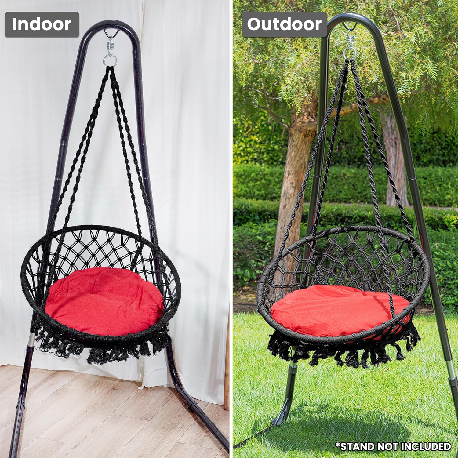 Bahia Macrame Hammock Chair with Cushion Hanging Chair for Bedroom Rope Boho Swing Chair Indoor Macrame Swinging Chair Outdoor Hand Woven Rope Hammock Accent Chair - Black Hammock Chair, Red Cushion