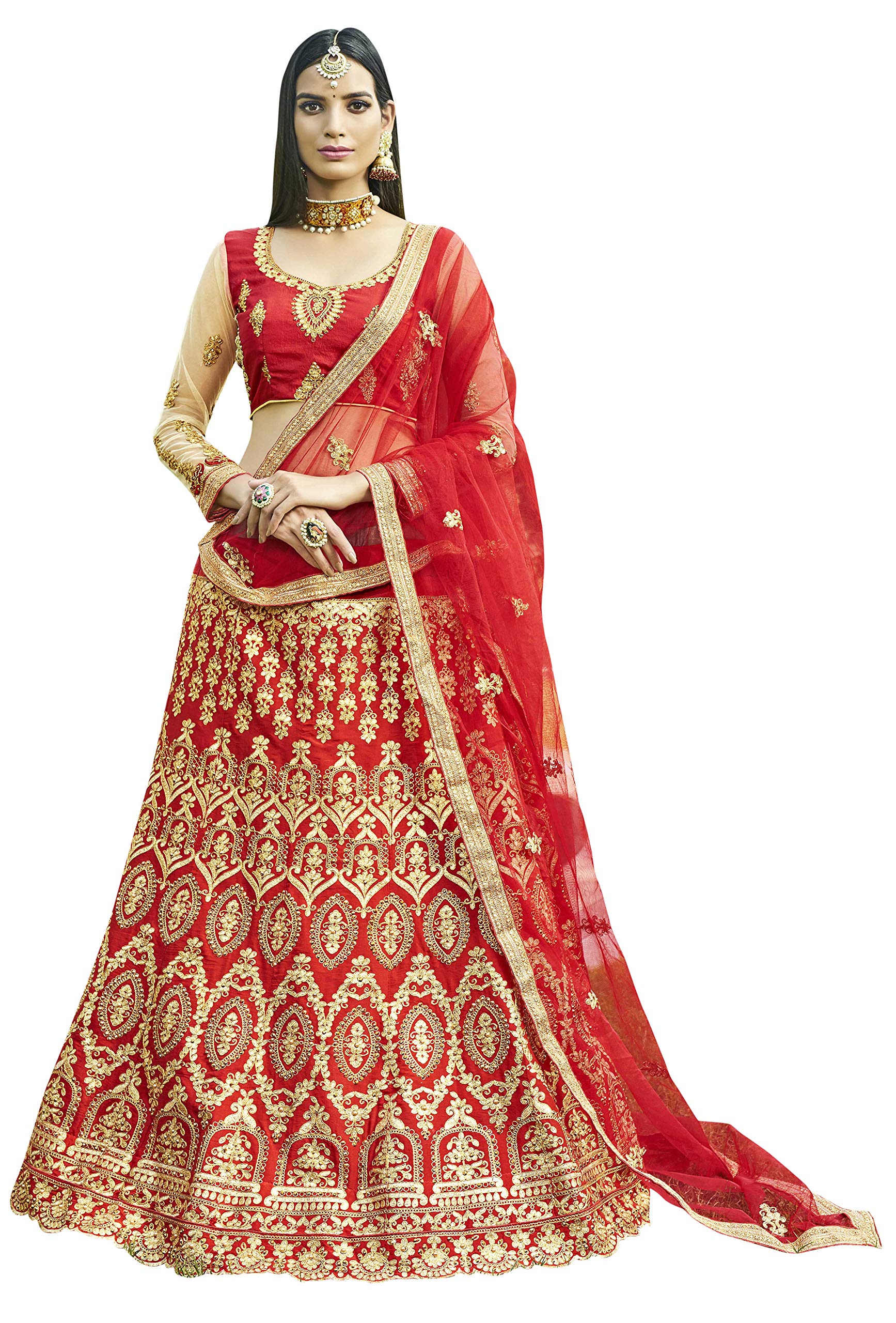 MANVAAWomen's Silk Lehenga Choli (ZOHRA30402_Red_Freesize)