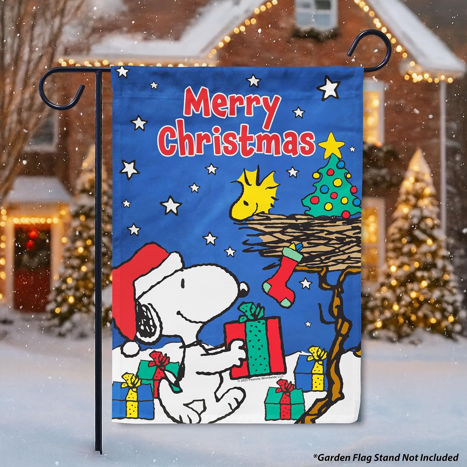 Flagology, PEANUTS® Merry Christmas Snoopy and Woodstock – Garden Flag 12" x 18", Outdoor Flag, Exclusive Premium Fabric, Officially Licensed PEANUTS®, Christmas