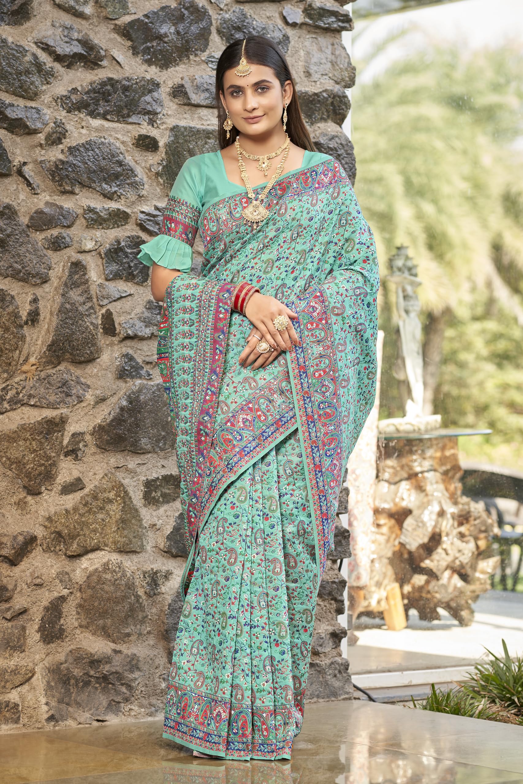 Glory Sarees Women's Kashmiri Pashmina Silk Woven Saree With Blouse Piece (Heritage_Silk110_Rama) 4