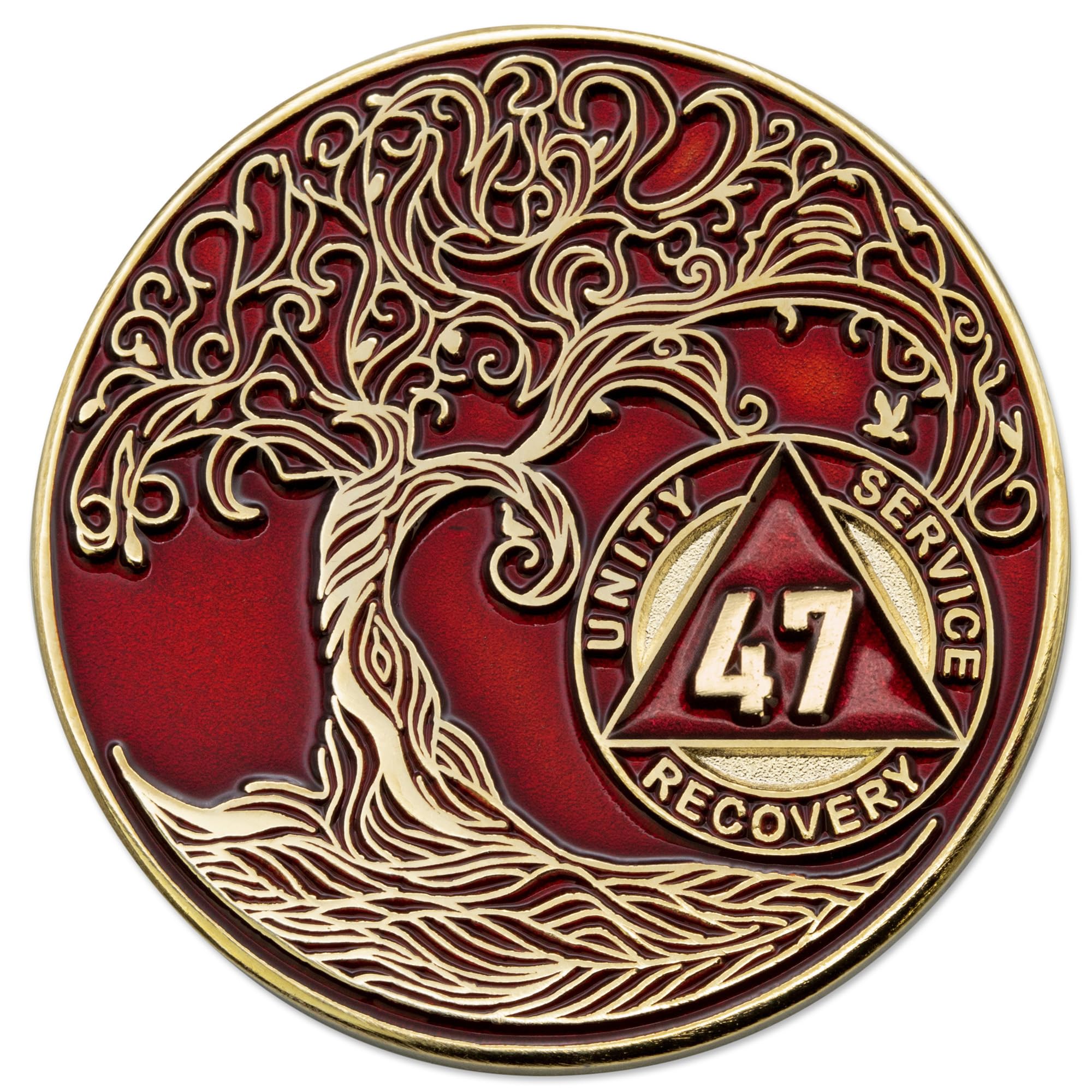 1 to 50 Year Twisted Tree of Life Sobriety Coin - Gold Plated AA Chips &amp; Medallions - 47 Year Sobriety Coin - Red