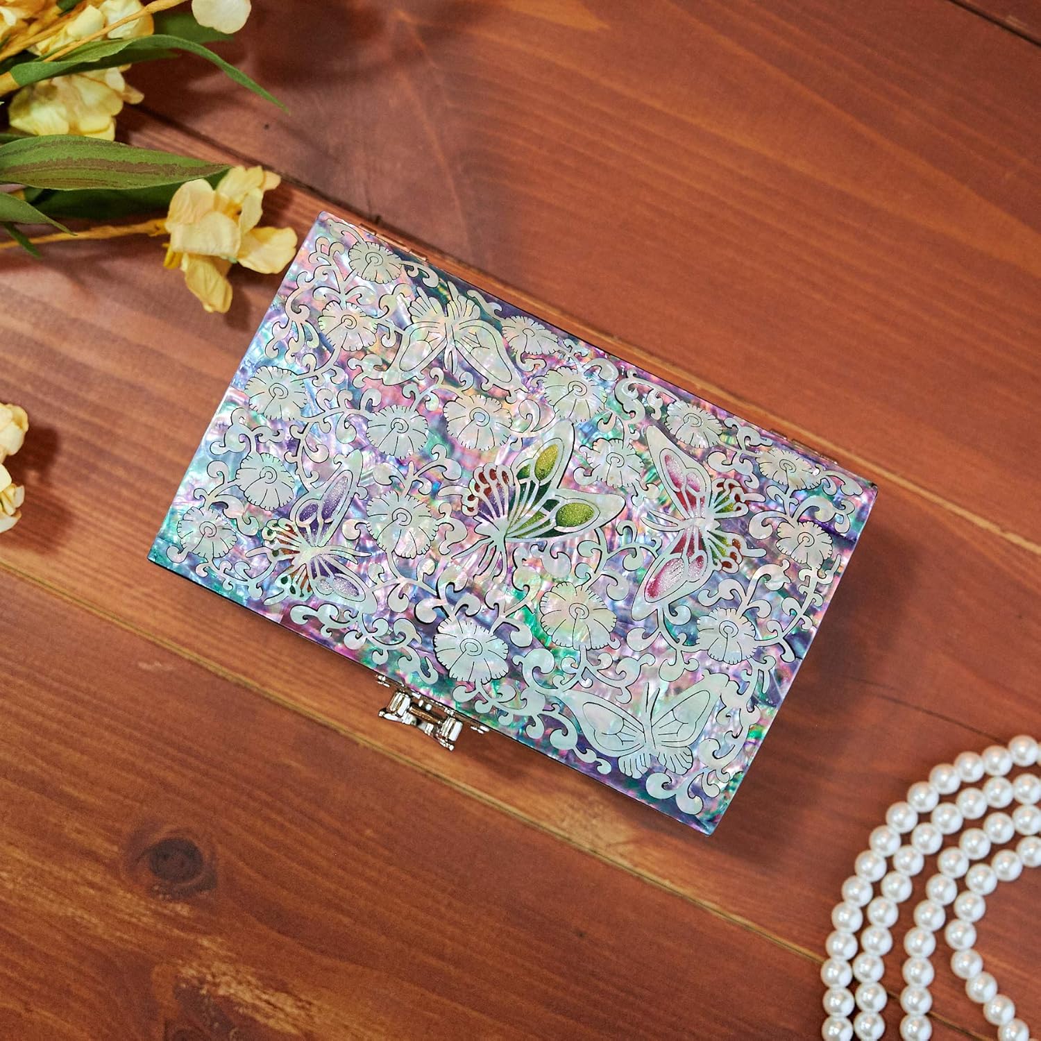 MADDesign Mother of Pearl Jewelry Trinket Box Sea Shell Inlaid Mirror Lid Pink Floral Butterfly Design