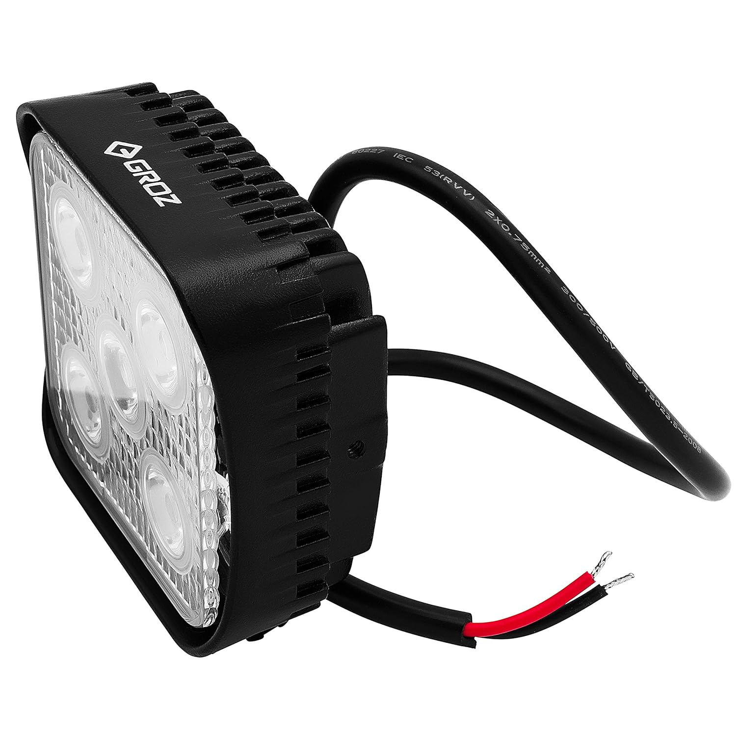 Groz 55016 LED Floodlight front view with power wires