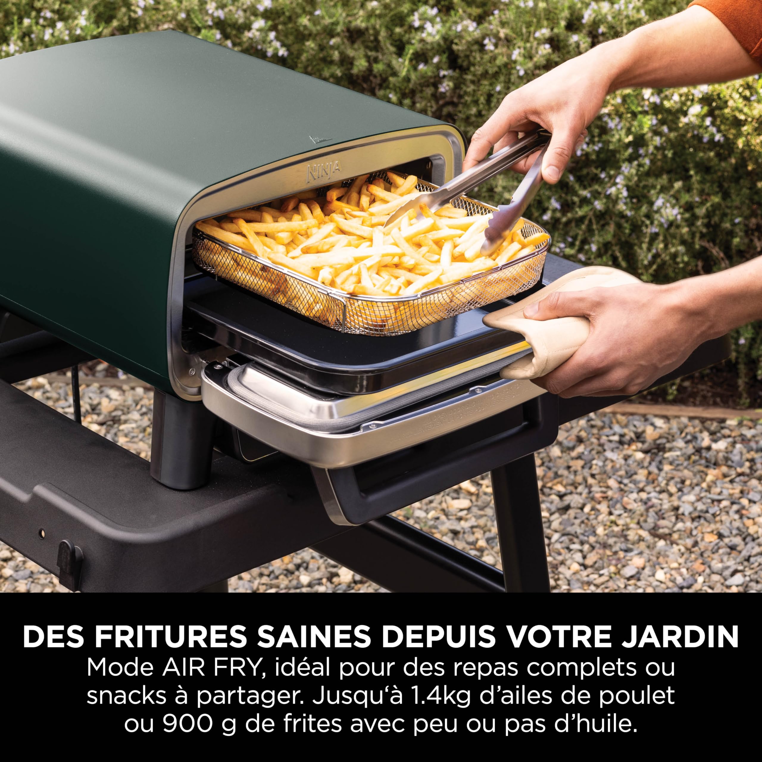 Ninja Artisan - Four électrique à pizza et friteuse à air d'extérieur, 4 programmes de cuisson, planche à découper, découpeuse, pierre réfractaire 30 cm, pelle, panier, panier de friture, vert