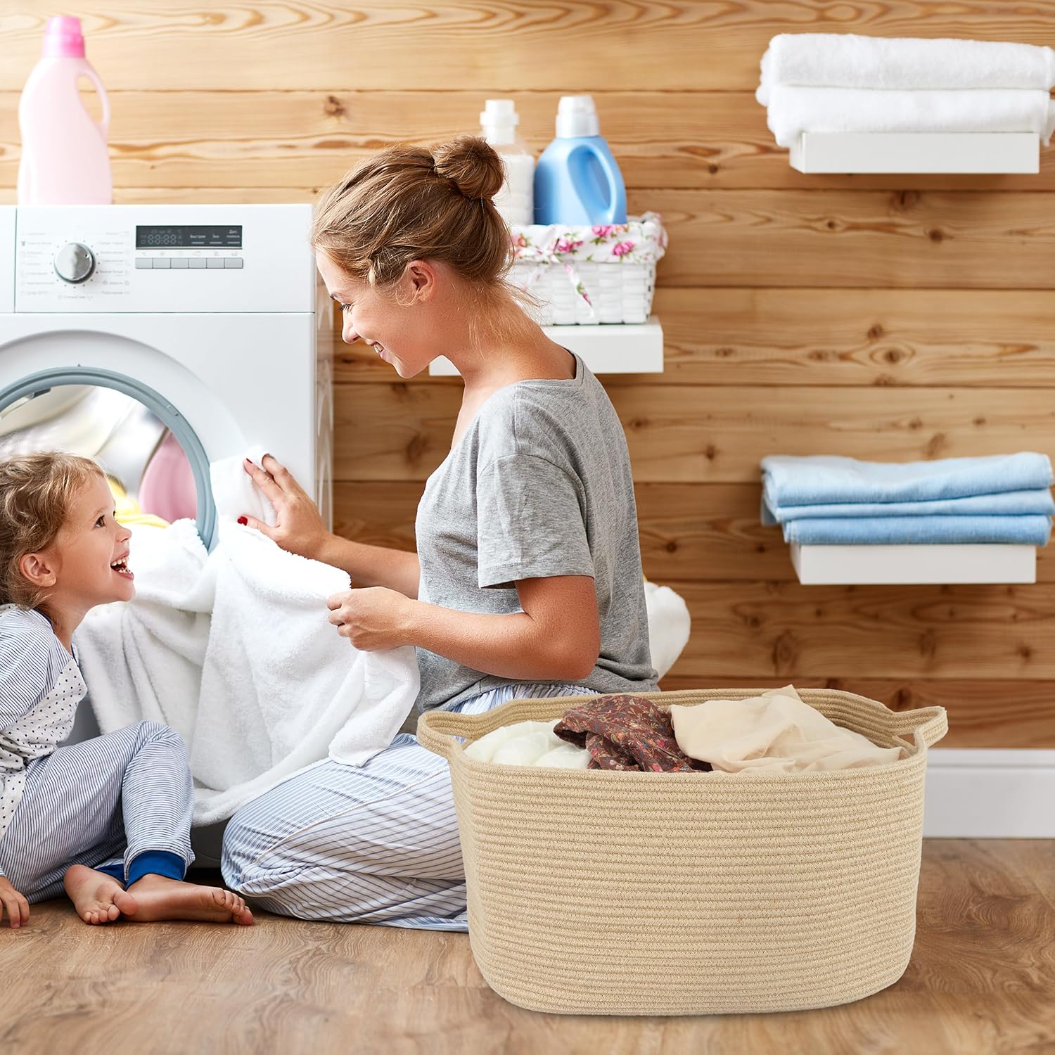 Large Rectangle Blankets Basket Living Room 22"x17"x12" Woven Jute Rope Storage Baskets for Nursery Toy Baskets for Kids and Dogs Wicker Laundry Basket Bin for Clothes Towels - Image 6