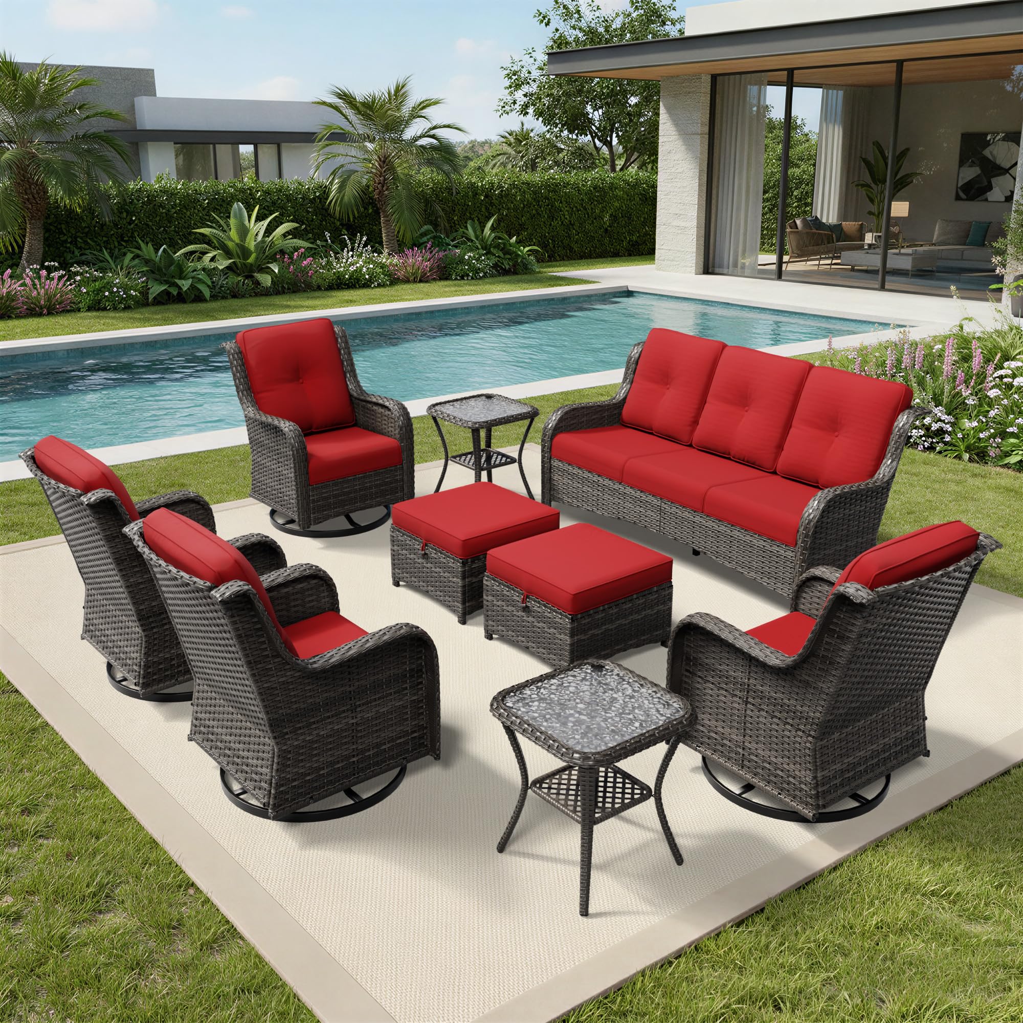 Joyside 9 Piece Wicker Patio Furniture Set, Outdoor Swivel Rocker Patio Chairs with High Back, Deep Seating, Wide Armrest, Thickened Cushions, Outdoor Furniture for Deck, Porch Use