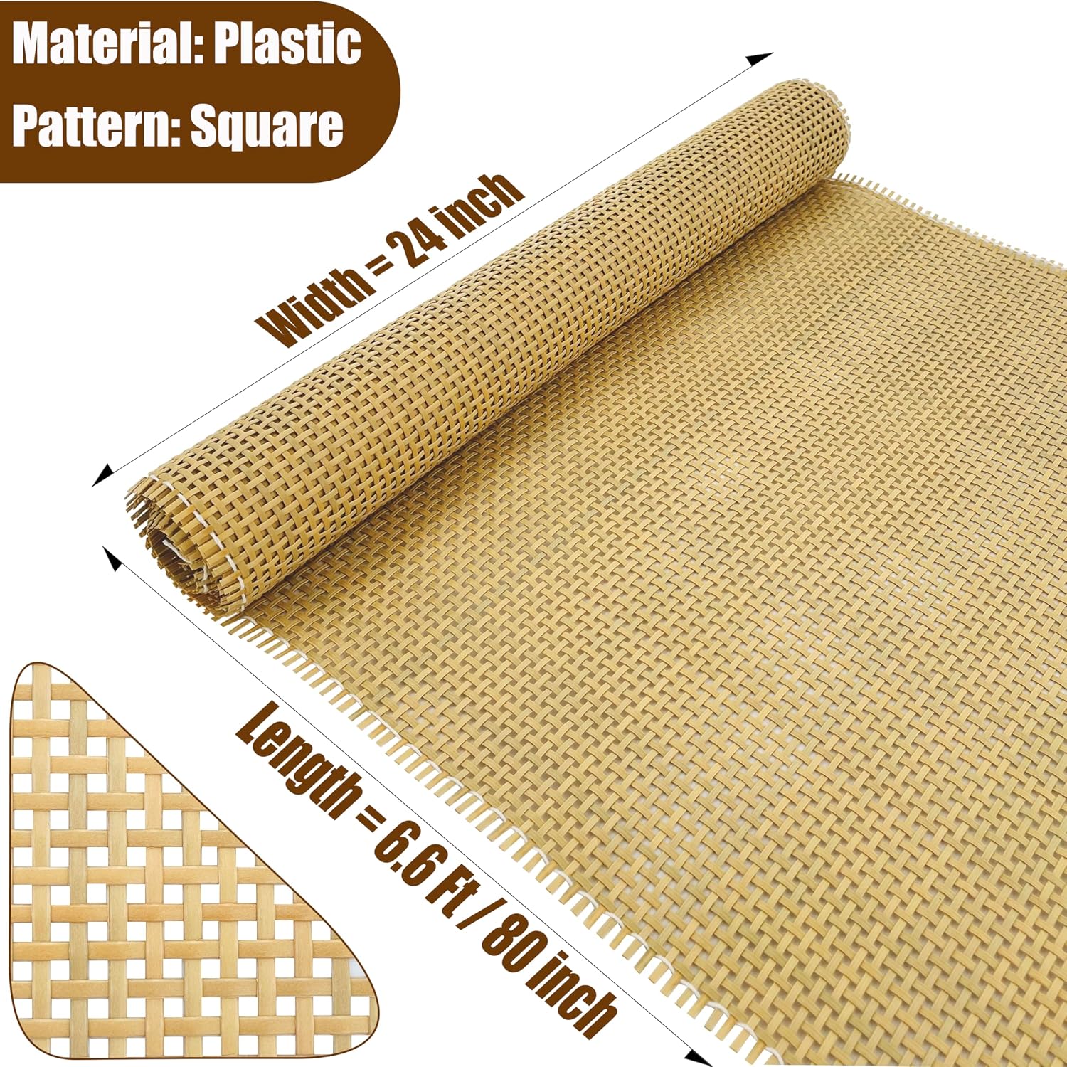 Plastic Rattan Square Webbing Roll, 24 in x 6.6 Ft, Faux Cane Webbing for DIY Home Decor Projects, Pre-Woven Open Mesh for Furniture, Bed, Cabinet, Wardrobe, Room Divider, Light Shade